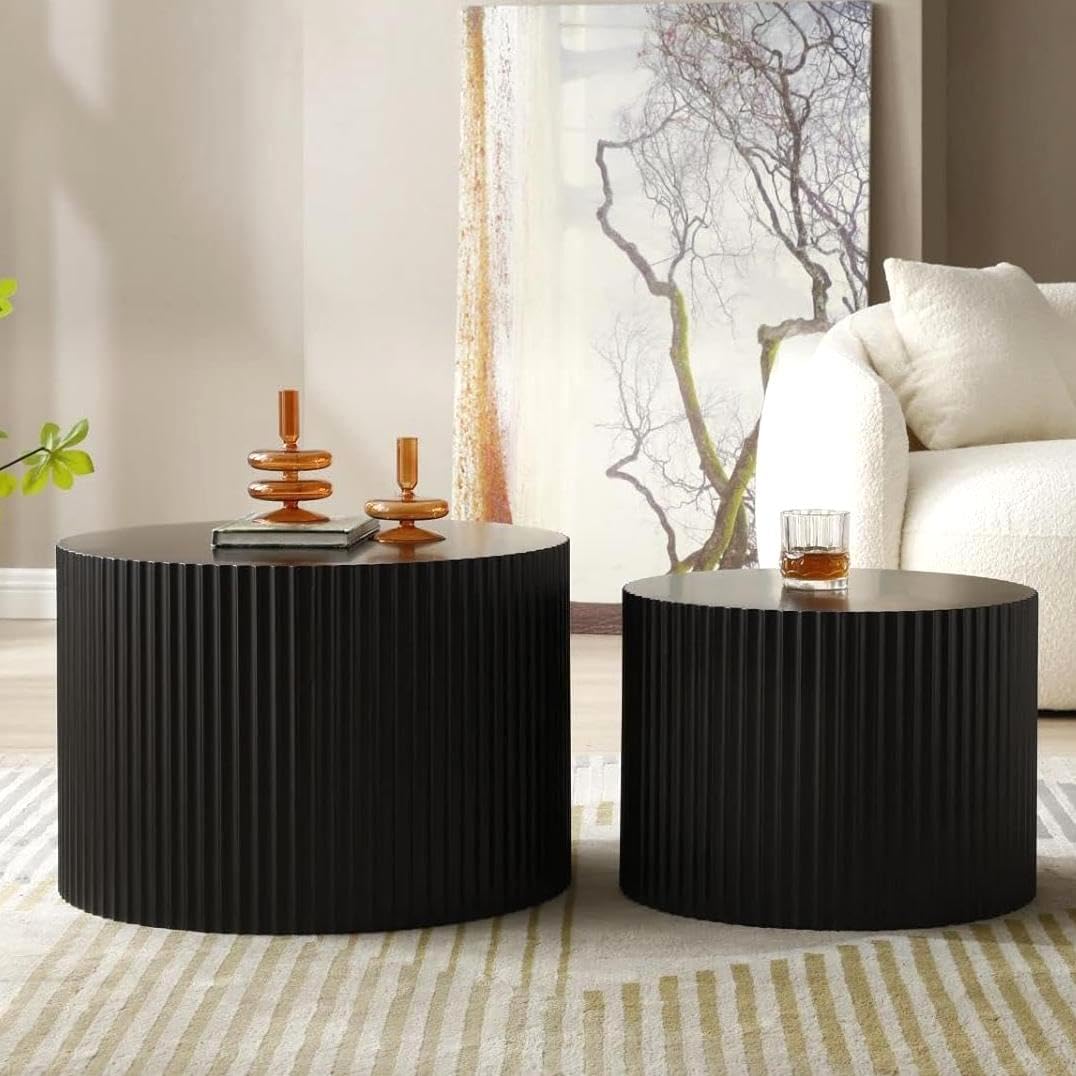 Modern Round Nesting Coffee Table Set of 2 - Black Accent Tables for Living Room, Small Space Furniture for Apartments & Cozy Homes