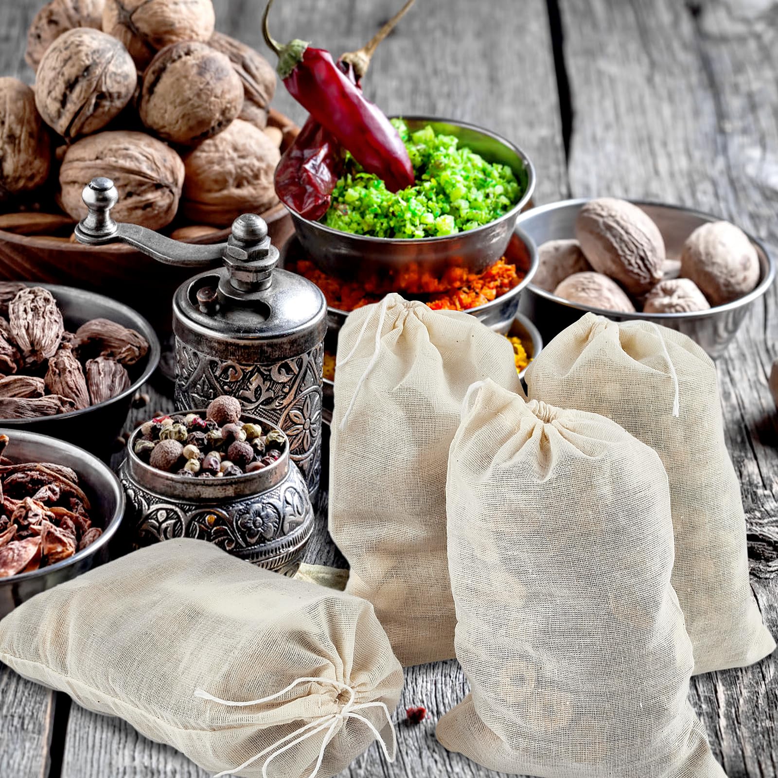 24 Pack Reusable Spice Bags for Cooking - 6x8 Inch Cheesecloth Bags for Straining, Tea, Soup & Bone Broth | Eco-Friendly Cotton Muslin Drawstring Bags | Perfect for Herbal Infusions, Spice Storage & DIY Brewing