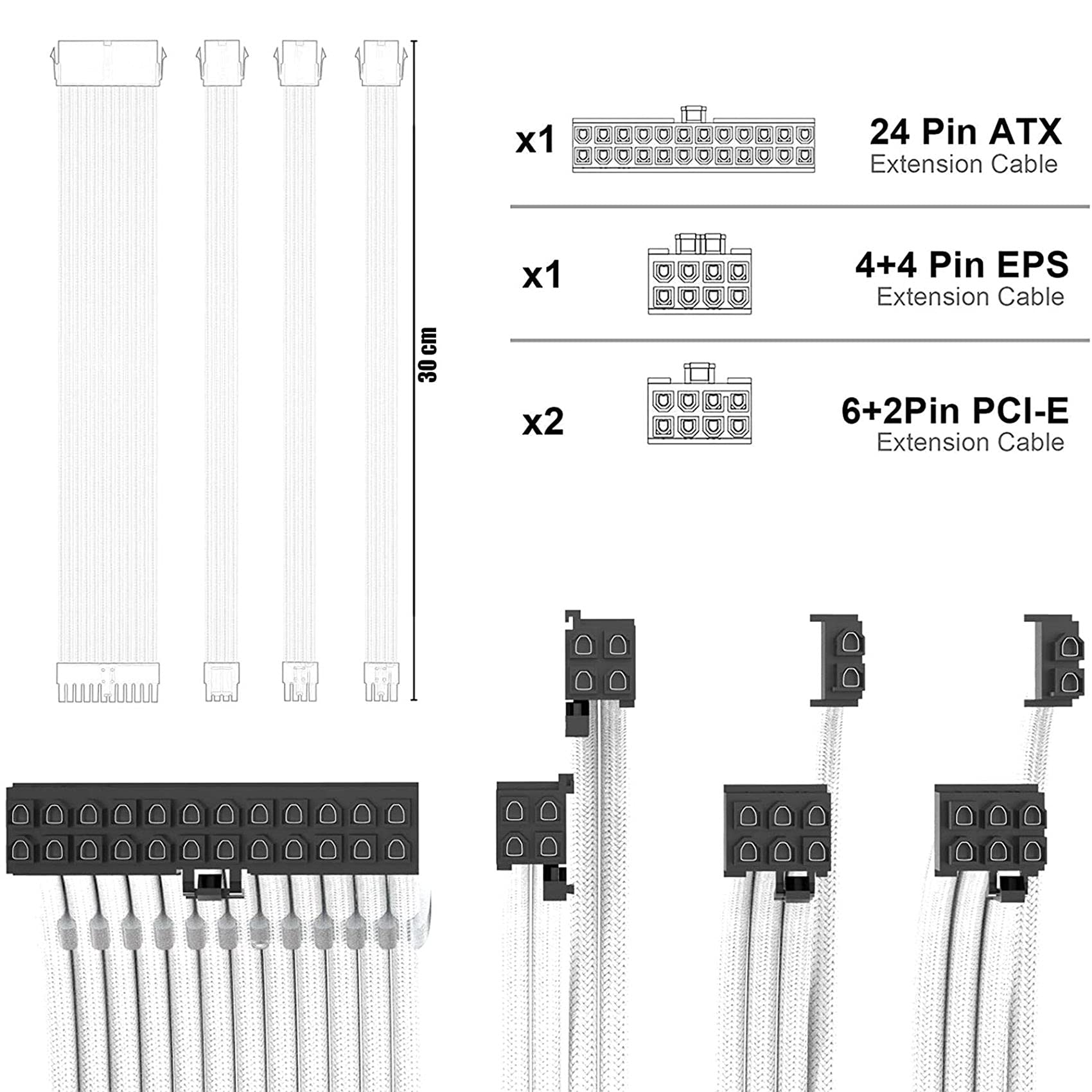 Premium PSU Cable Extensions Kit - 30CM Sleeved Power Supply Cables with Cable Combs (24Pin, 8Pin 4+4, 6+2Pin) for ATX Power Supplies - Perfect for PC Gaming Rigs, Custom Builds & Cable Management
