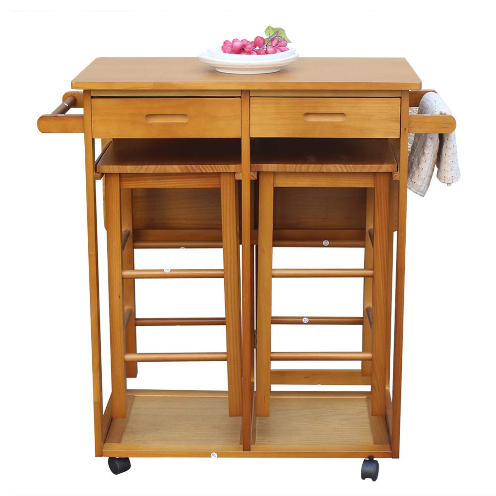 3 Piece Dining Table Set with 2 Stools - Compact Kitchen Table for Small Spaces - Removable Rolling Pub Bar Table with 2 Drawers - Brown - Perfect for Apartments, Dorms & Small Kitchens - Space Saving Dining Solution