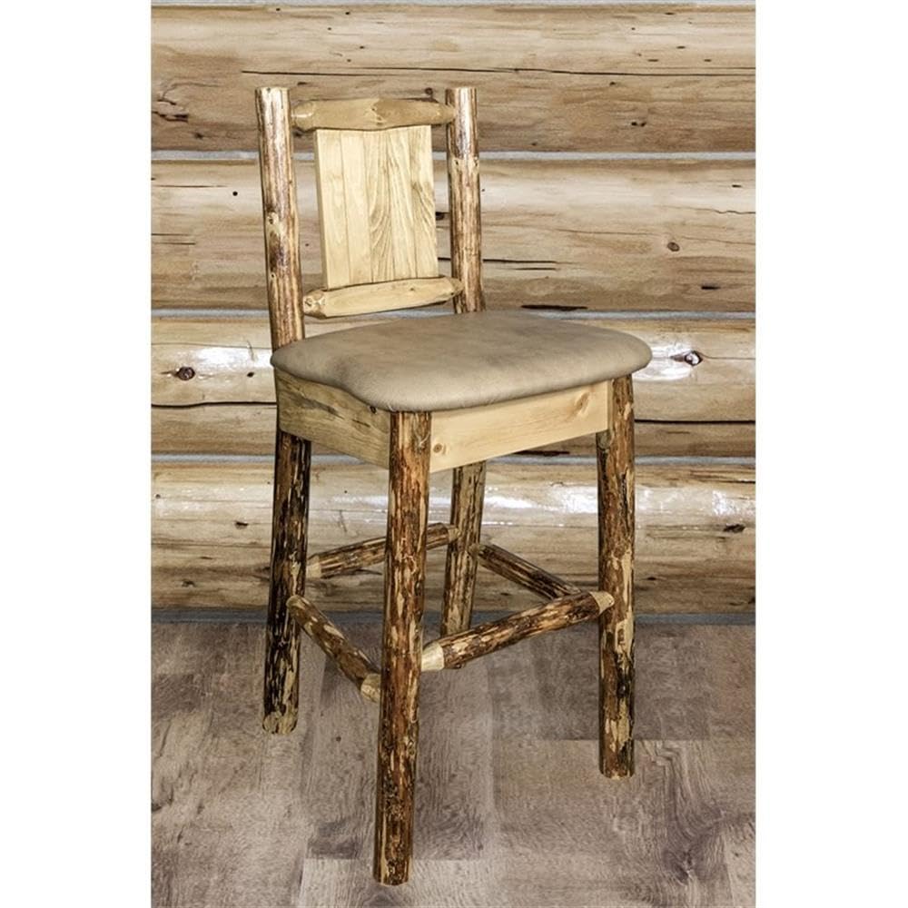 Montana Woodworks Glacier Country Collection Counter Height Barstool with Back - Buckskin Upholstery & Laser Engraved Bronc Design - Perfect for Kitchen Islands, Home Bars, and Rustic Dining Areas