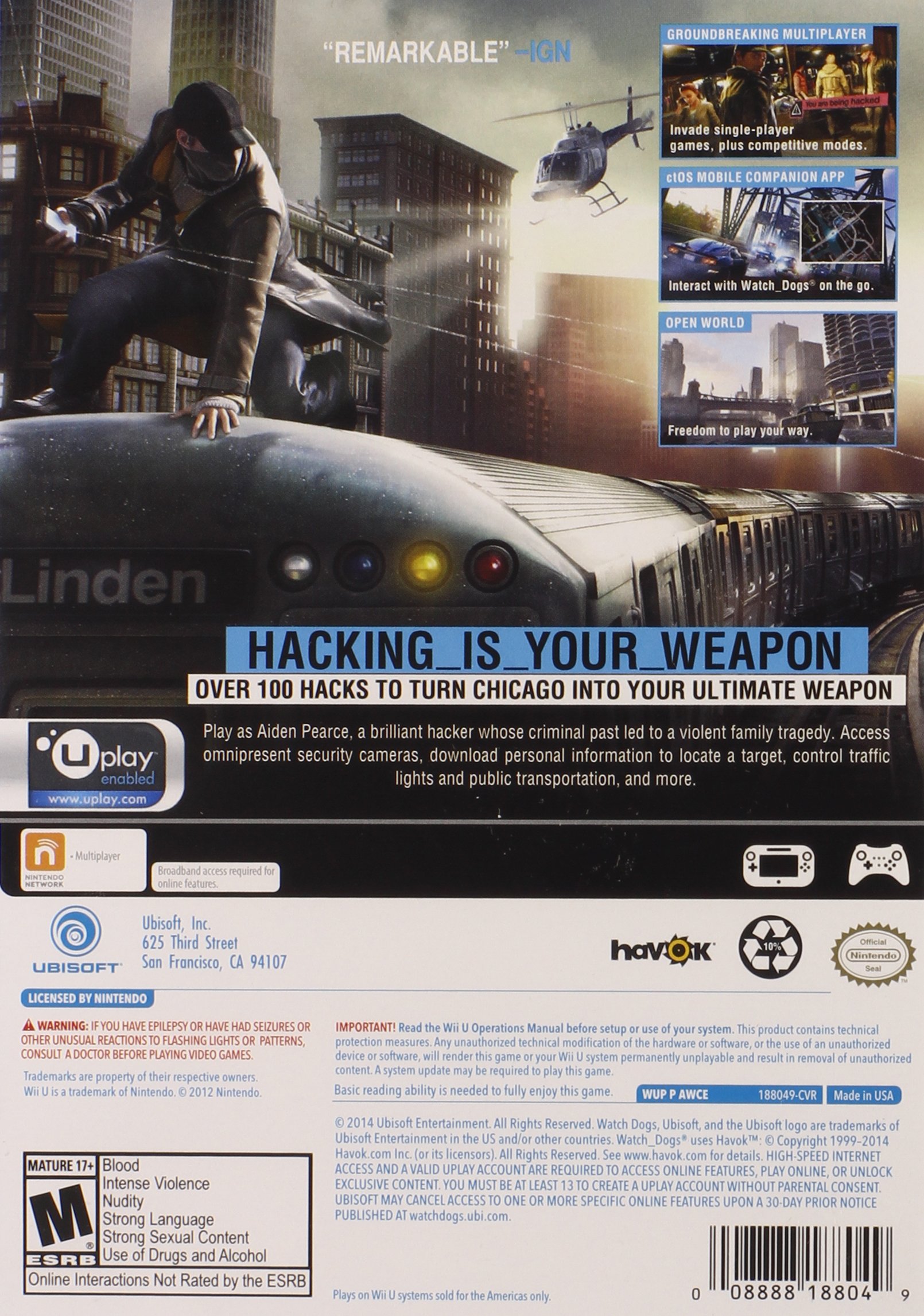Watch Dogs for Nintendo Wii U - Open World Action Adventure Game - Perfect for Stealth Missions & Urban Exploration