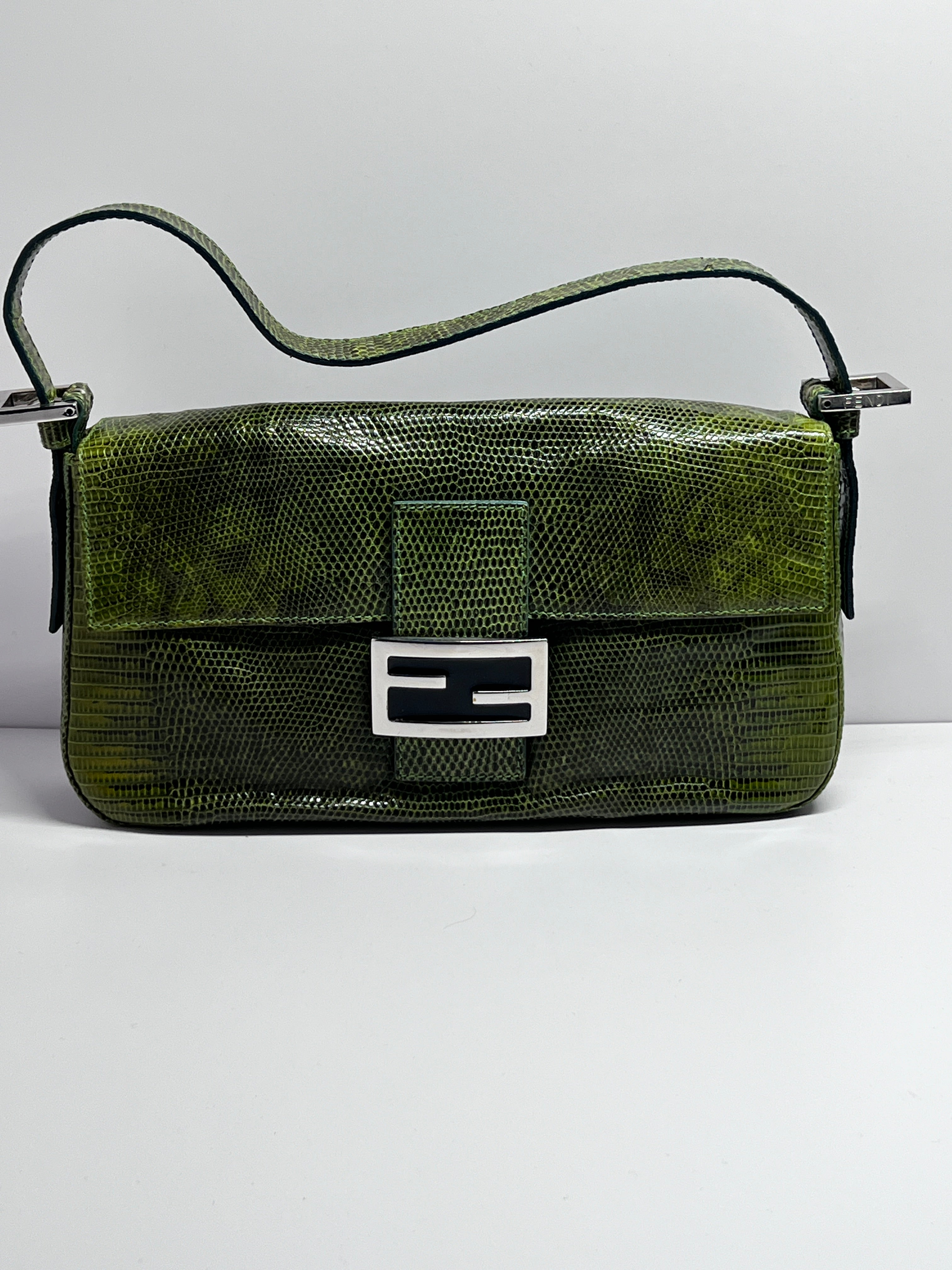 Authentic Vintage Fendi Green Lizard Skin Baguette Handbag - Luxury Designer Crossbody Purse for Women, Perfect for Evening Parties & Special Occasions