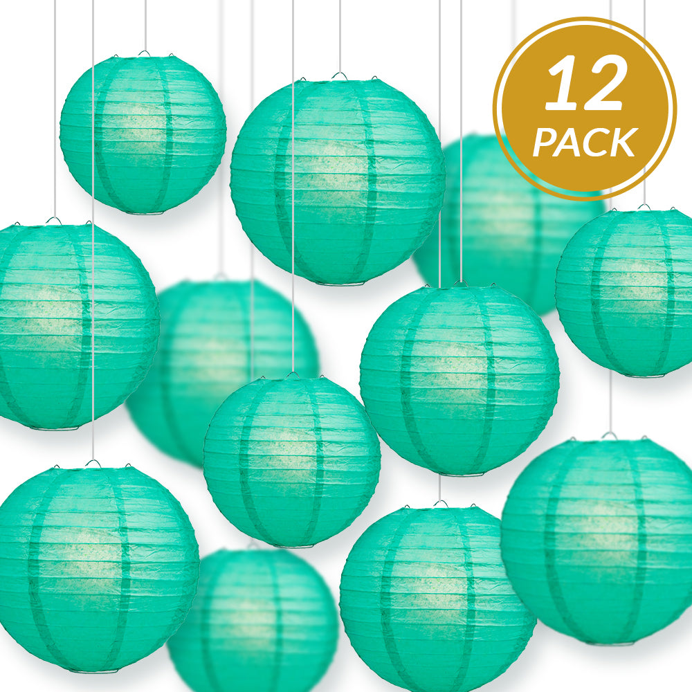 12 Pack Teal Green Paper Lanterns - Chinese Hanging Wedding & Party Decorations Set (12/10/8 Inch) - Perfect for Birthday, Baby Shower, Festival and Home Decoration
