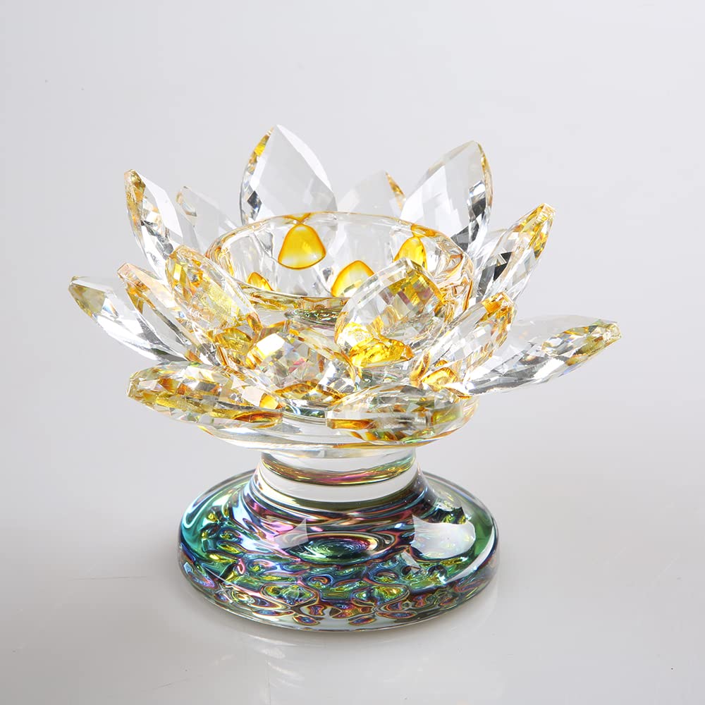 4.5 Inch Yellow Glass Lotus Tea Light Candle Holder - Elegant Crystal Night Light for Home Decor, Wedding, Christmas & Party - Perfect for Window Sill, Bedroom & Table Centerpiece