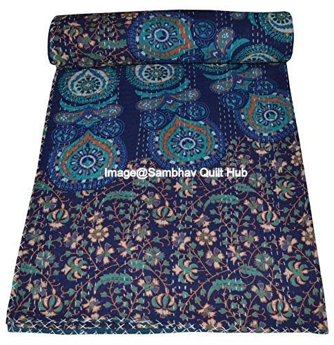 Handmade Indian Peacock Mandala Vintage Kantha Quilt - Traditional Mandala Print Bedspread, Throw Blanket & Tapestry - Twin Size for Boho Bedroom Decor, Yoga Meditation Space & Cozy Living Room Accent