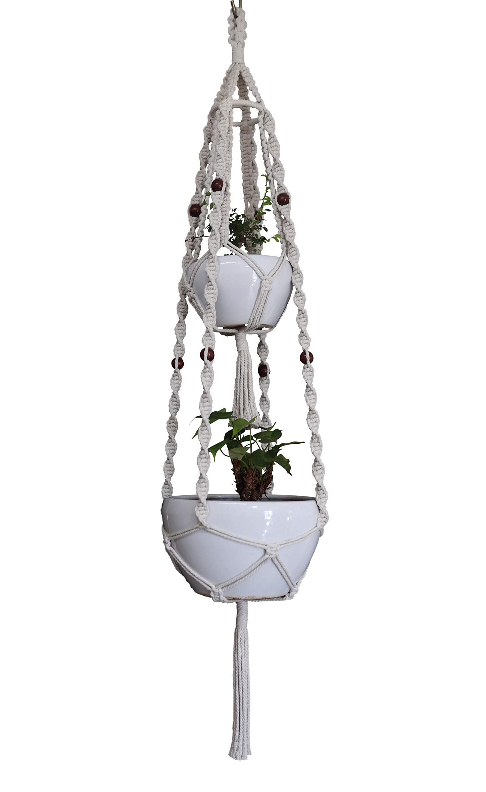 Macrame Plant Hanger with 4-Leg Double Deck Design - Holds Two 8-12 Inch Pots - 68 Inch Hemp Rope Hanging Planter Basket for Indoor & Outdoor Use (Ivory White) - Perfect for Boho Home Decor, Balcony Gardens, and Living Room Plant Displays