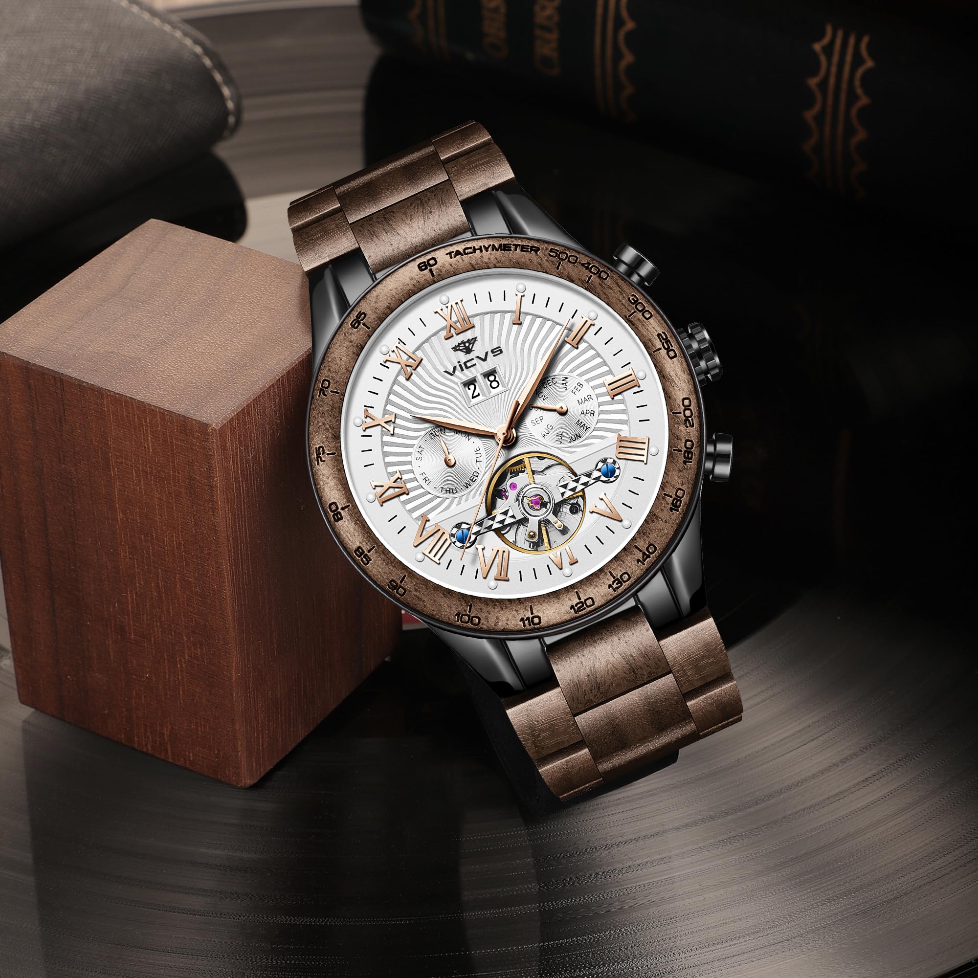 Premium Automatic Wooden Watch for Men - Natural Walnut, Date & Day Display, Multifunctional Business Timepiece | Perfect for Office, Formal Events & Everyday Wear