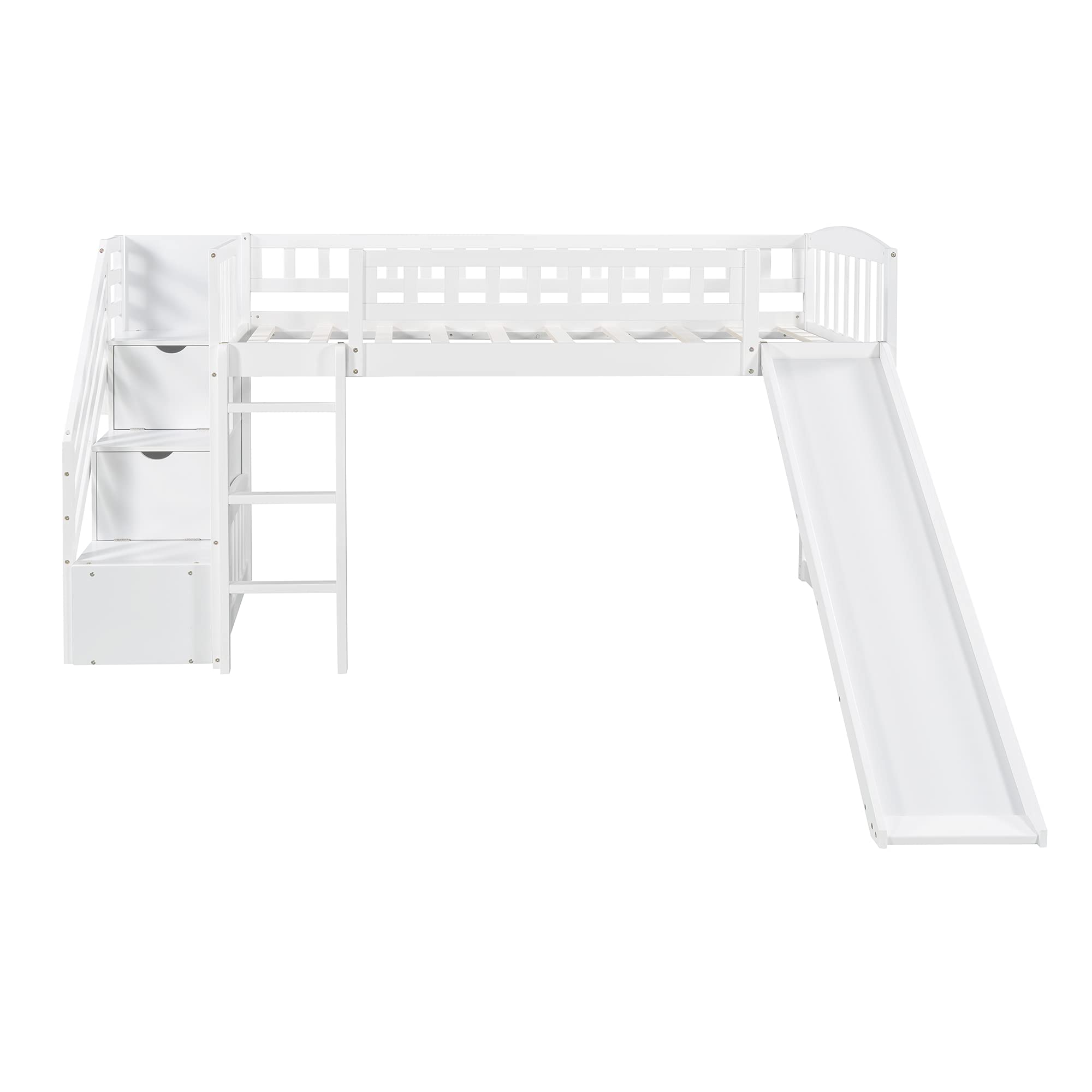 **White Twin Loft Bed with Slide & Stairs - Wooden Low Loft Bed Frame with Storage for Kids, Boys & Girls - Perfect for Small Rooms, Playrooms & Kids' Bedrooms**