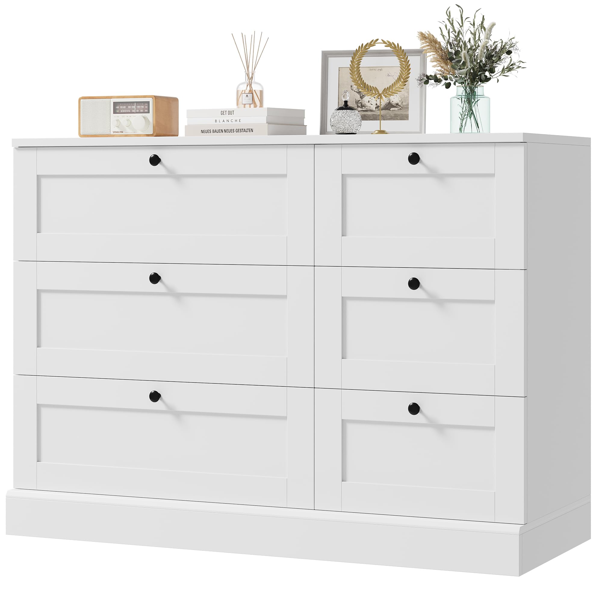 HOSTACK 6-Drawer White Wooden Dresser - Modern Wide Double Dresser Chest for Bedroom, Living Room, Entryway & Hallway - Perfect for Home Organization & Storage Solutions