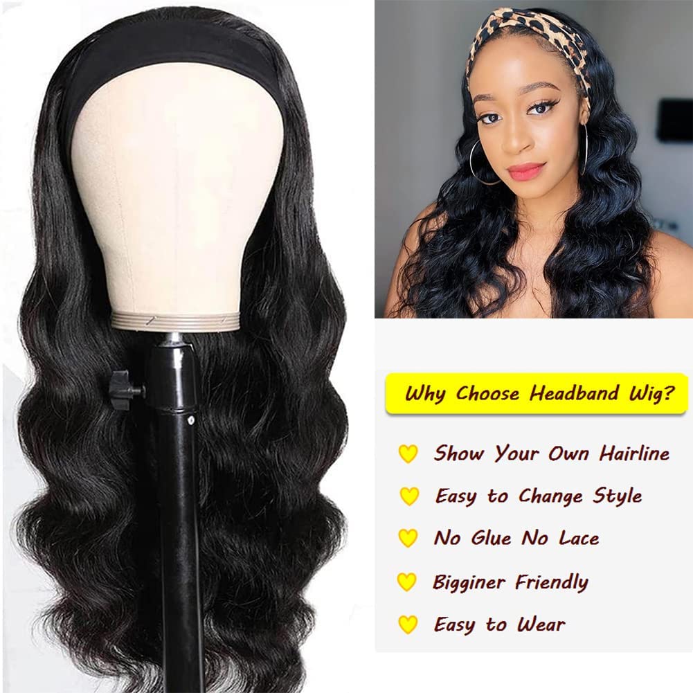 Glueless Headband Wigs for Black Women - 100% Brazilian Virgin Human Hair, Body Wave, 150% Density Machine Made Headband Wig | Perfect for Daily Wear, Parties & Protective Styling