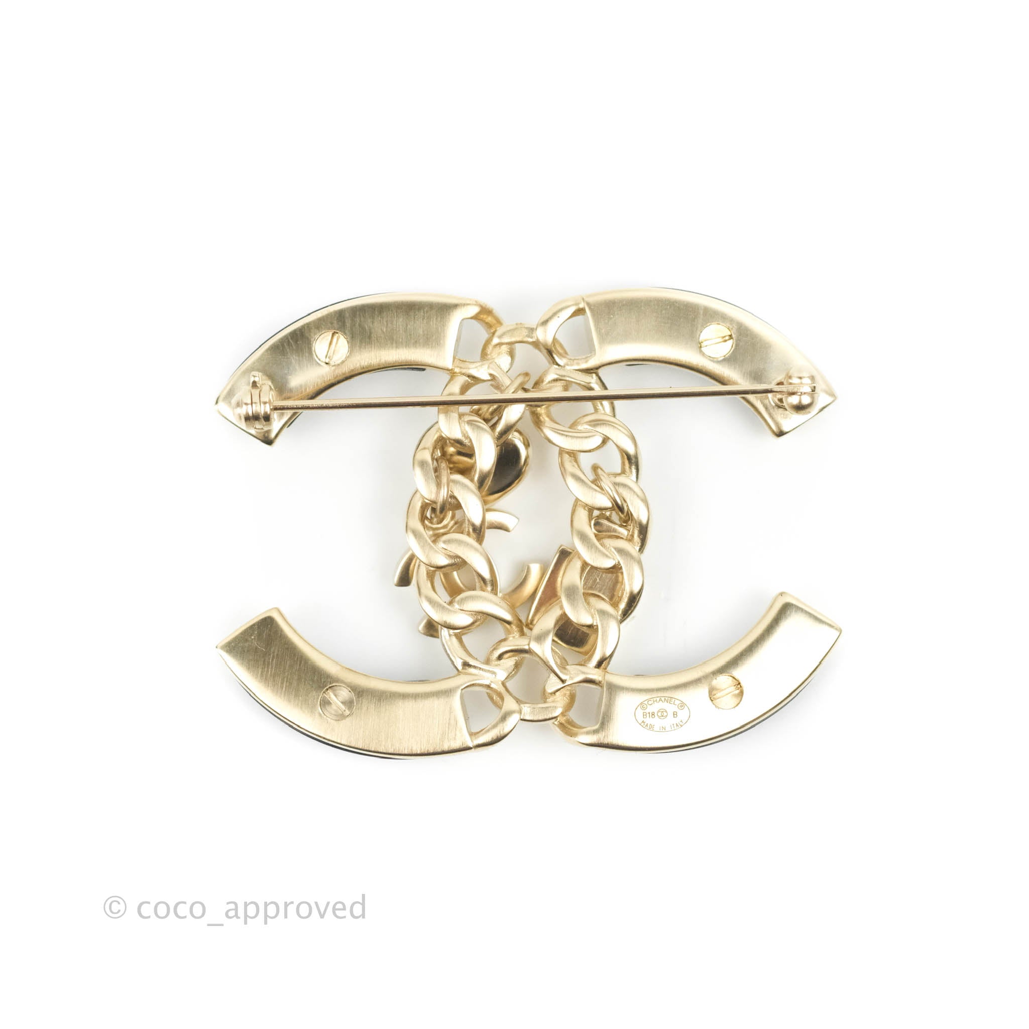 Chanel CC Chain Black Brooch Gold Tone 18B - Elegant Vintage Chanel Pin for Women, Perfect for Jackets, Bags & Scarves