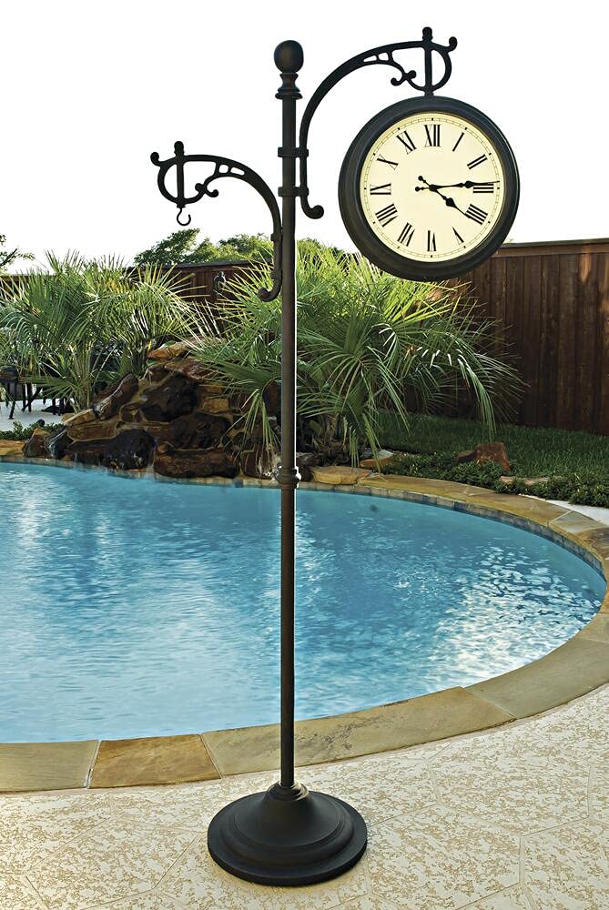Heavy Duty Outdoor Double Face Metal Weatherproof Pedestal Clock with Analog Thermometer - Black, 15