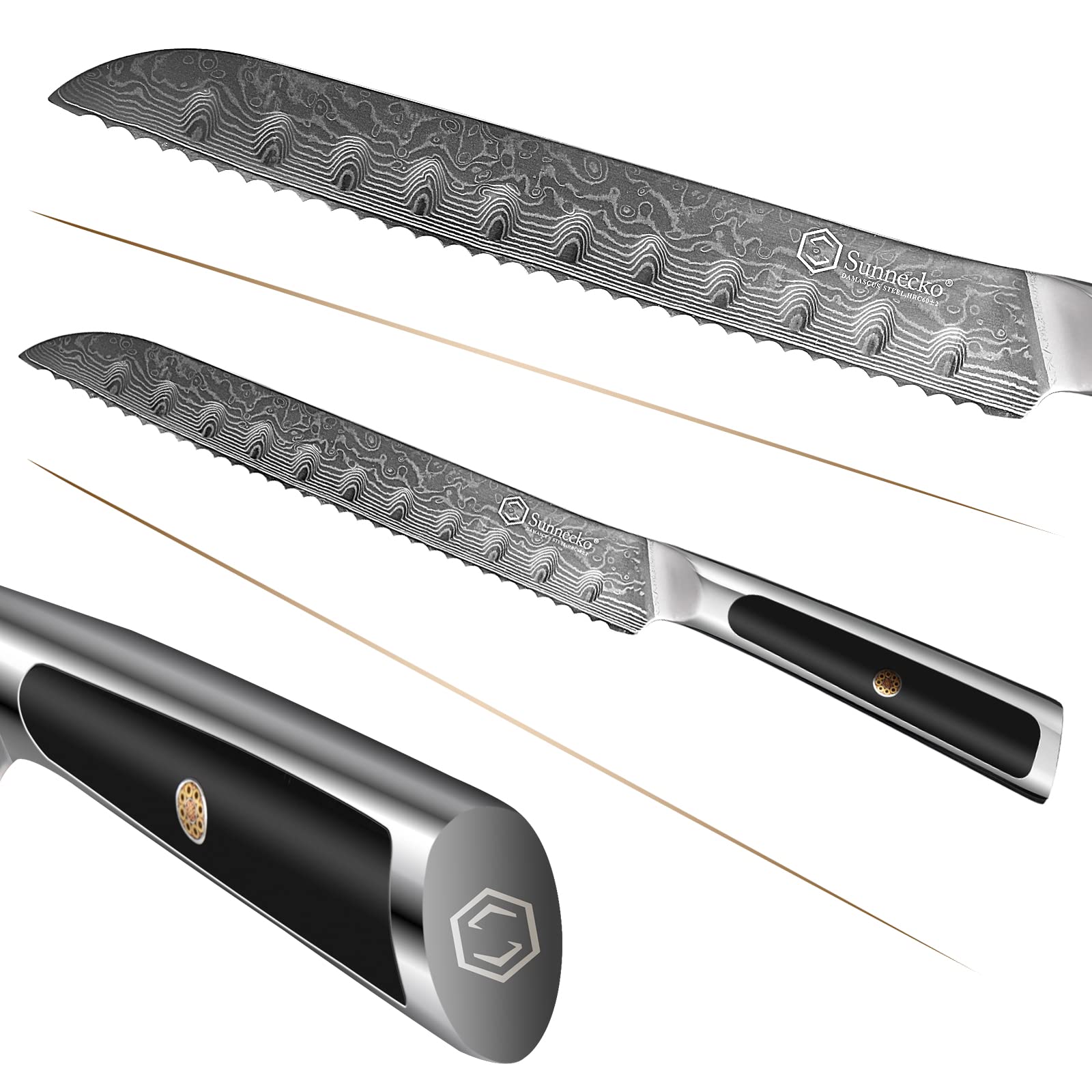 Sunnecko 8-Inch Serrated Bread Knife - 67-Layer VG10 Damascus Steel Blade, Japanese Style Bread Cutting Knife with Ergonomic Handle - Perfect for Homemade Bread, Artisan Loaves, Sourdough, Cakes & Pastries