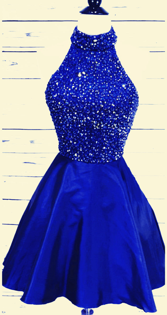 Elegant Crystal Beaded High Neck Open Back Satin Homecoming Dress for Prom, Evening Gala & Special Occasions