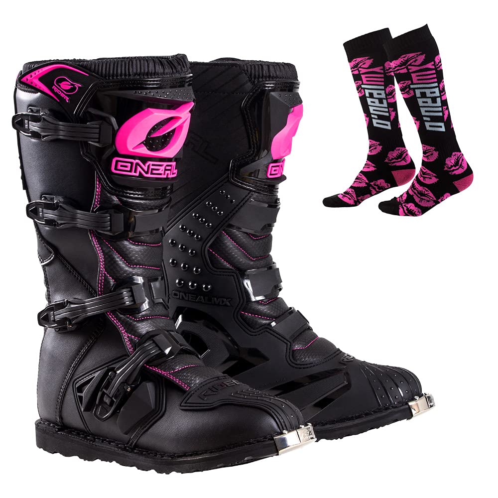 Oneal Women's Motorcycle Boots & MX Socks Combo - Black/Pink Size 10 - Durable Riding Boots for Off-Road & Motocross - Perfect for ATV, Dirt Bike & Adventure Riding