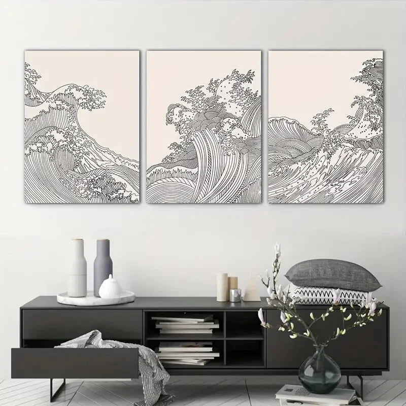 3-Piece Modern Ocean Wave Line Metal Wall Art - Ready to Hang Coastal Decor for Living Room, Bedroom & Office