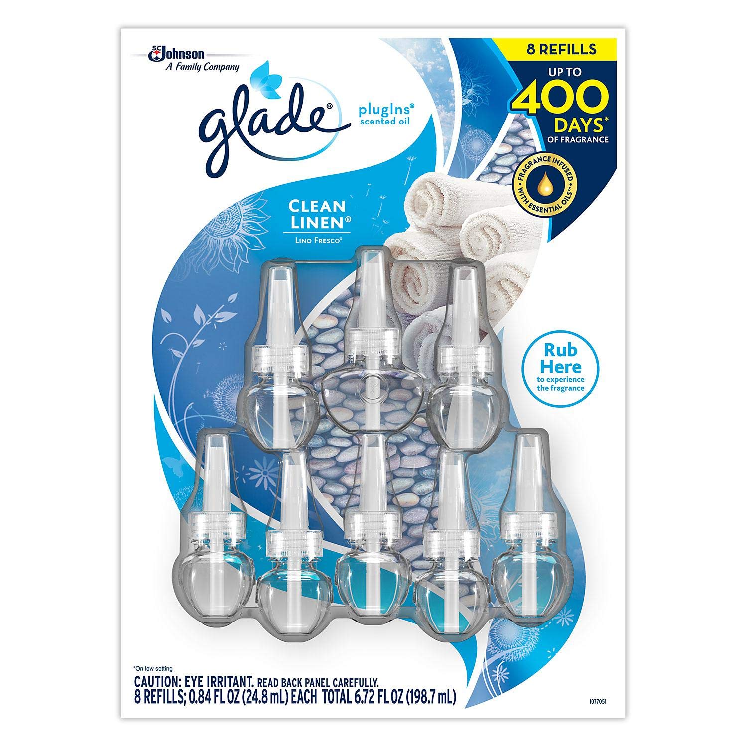 Glade Plugins Scented Oil Refills - Clean Linen Fragrance, 8 Pack (0.84 Fl Oz Each) for Home, Office & Bathroom Air Freshener