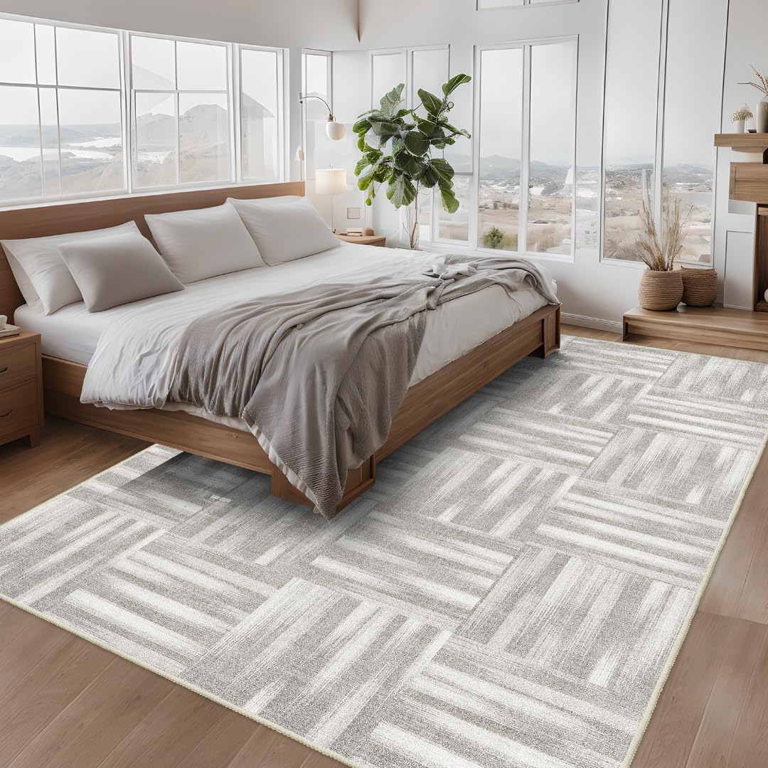 Modern Geometric Area Rug - Soft Non-Slip Machine Washable Checkered Rug for Bedroom, Living Room, Nursery & Playroom | Grey 6'x9' Home Decor | Perfect for Teen Dorm, Aesthetic Spaces & High-Traffic Areas