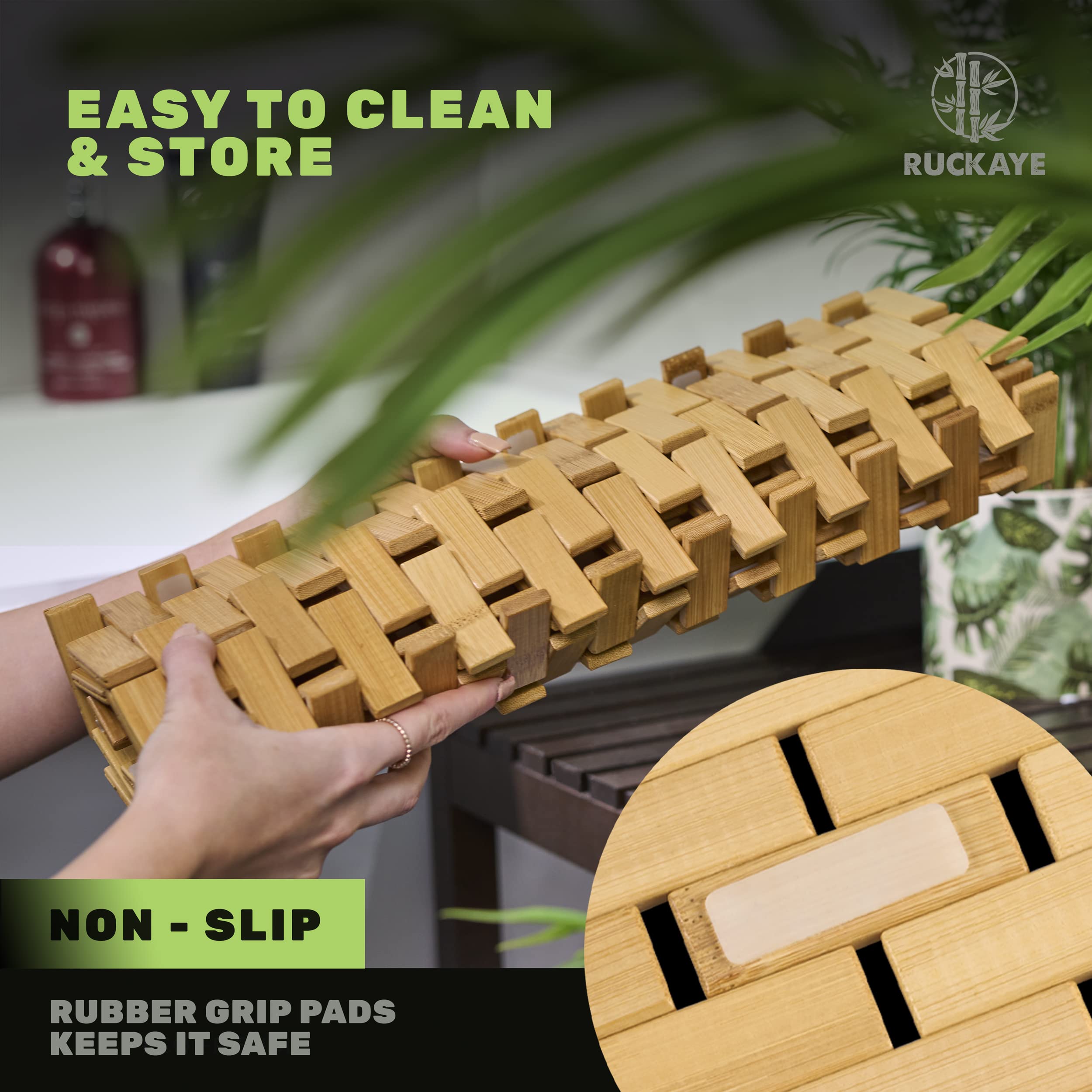 Premium 24x16 Bamboo Bath Mat with Non-Slip Silicone Grip Pads - Foldable Waterproof Wooden Shower Mat for Indoor & Outdoor Use - Perfect for Bathroom, Spa, Poolside, and Yoga Studio