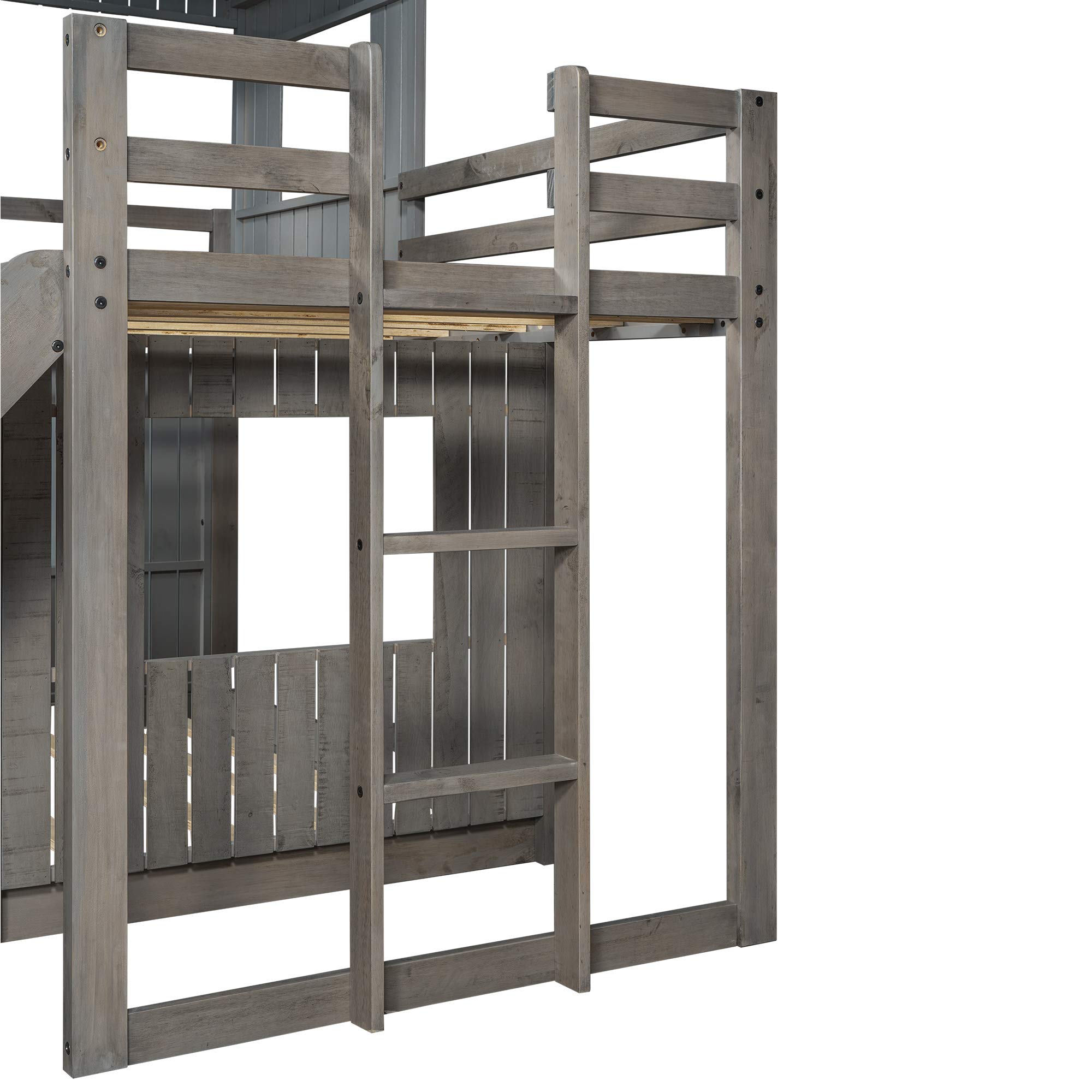 SOFTSEA Wooden Loft Bunk Bed Twin Over Full with Playhouse, Ladder, Slide & Safety Rails - Farmhouse Style Kids Bedroom Furniture (Antique Gray) - Perfect for Siblings Sharing Rooms, Daycare Centers & Vacation Homes