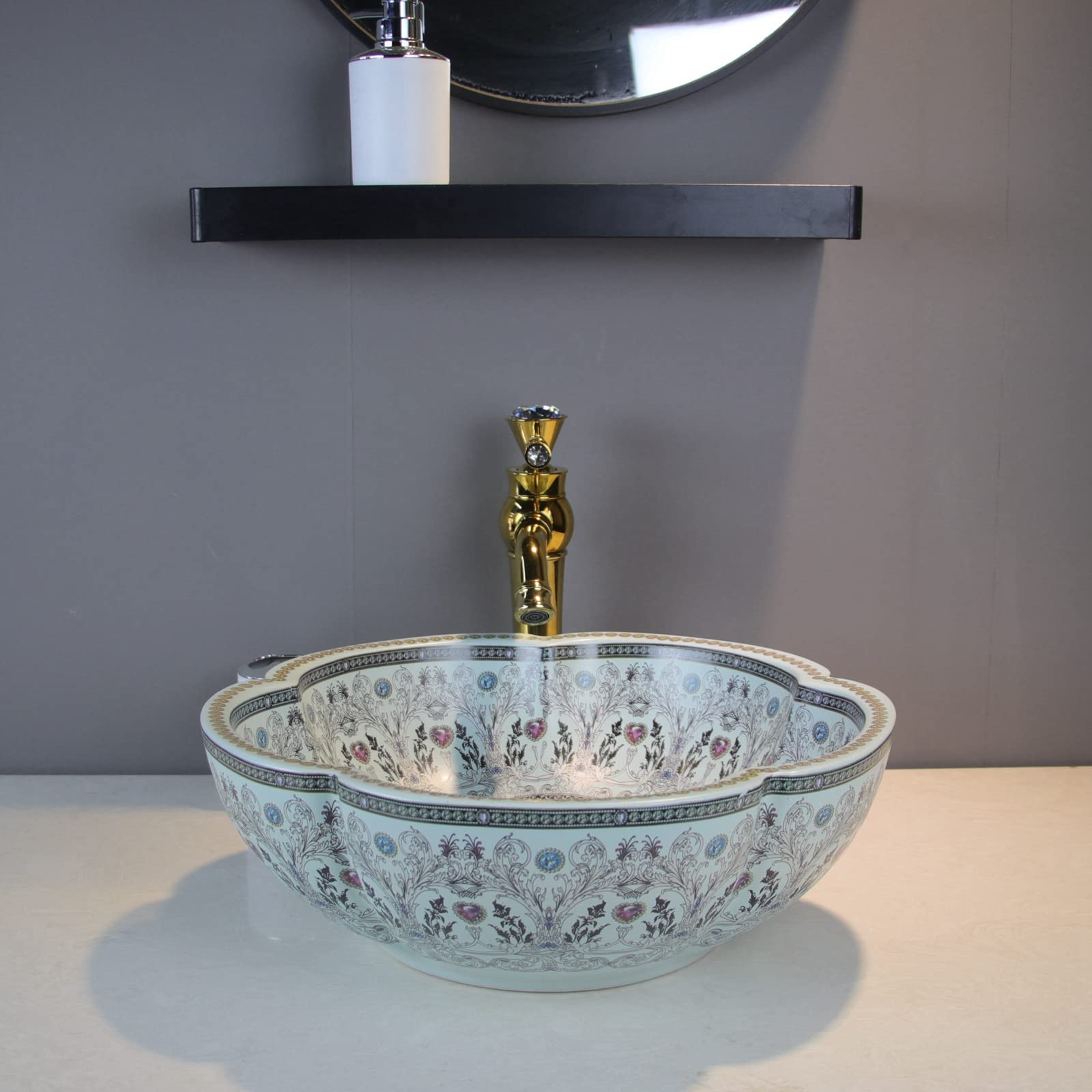 European Style Light Blue Floral Ceramic Vessel Sink - Above Counter Bathroom Vanity Top | Modern Farmhouse & Contemporary Bathroom Decor