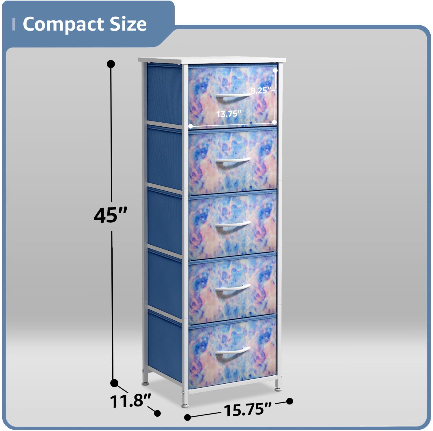 Sorbus 5-Drawer Fabric Dresser for Kids - Tall Storage Tower with Wood Handles & Steel Frame, Tie-Dye Blue - Perfect for Nursery, Playroom & Closet Organization | Kids Clothing Organizer & Toy Storage Solution
