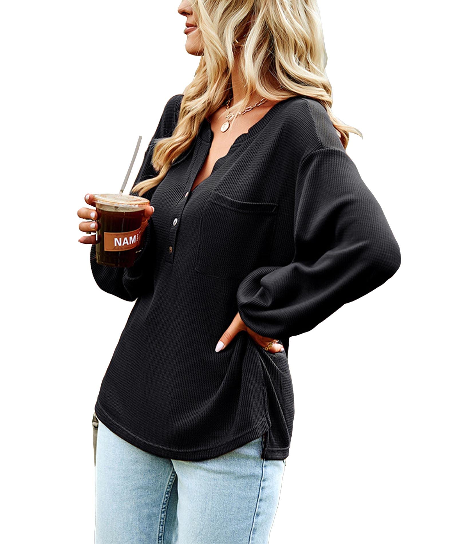 SOMTHRON Women's V-Neck Loose Knit Long Sleeve Button Down Henley Pullover Tunic Top - Casual Waffle Shirt for Everyday Wear, Office & Weekend Outfits