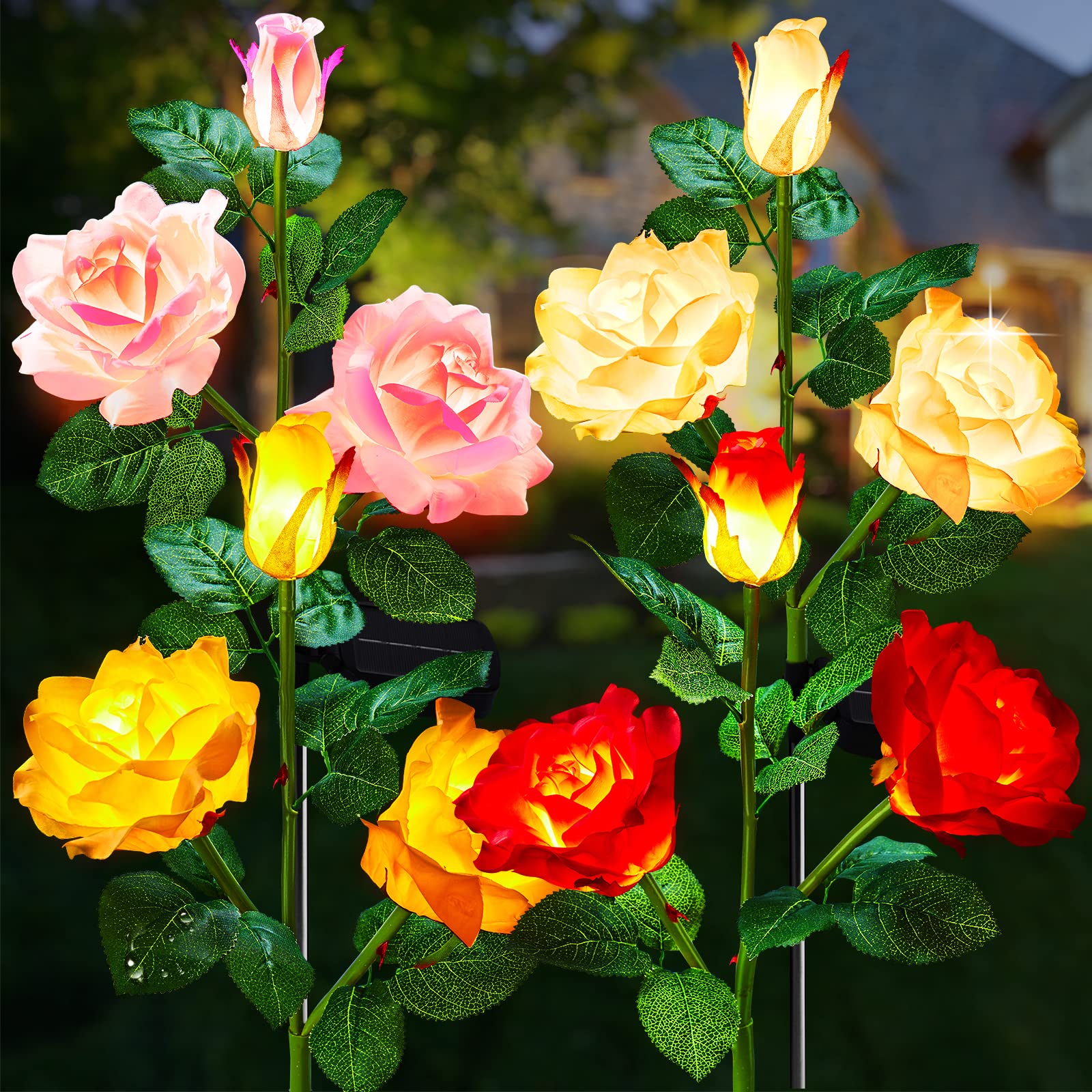 4 Pack LED Solar Flower Lights - Realistic Rose Design, Large Solar Panel, Waterproof Outdoor Garden Lights for Yard, Patio, Lawn, Pathway & Walkway Decoration - Perfect for Romantic Evenings & Landscape Lighting