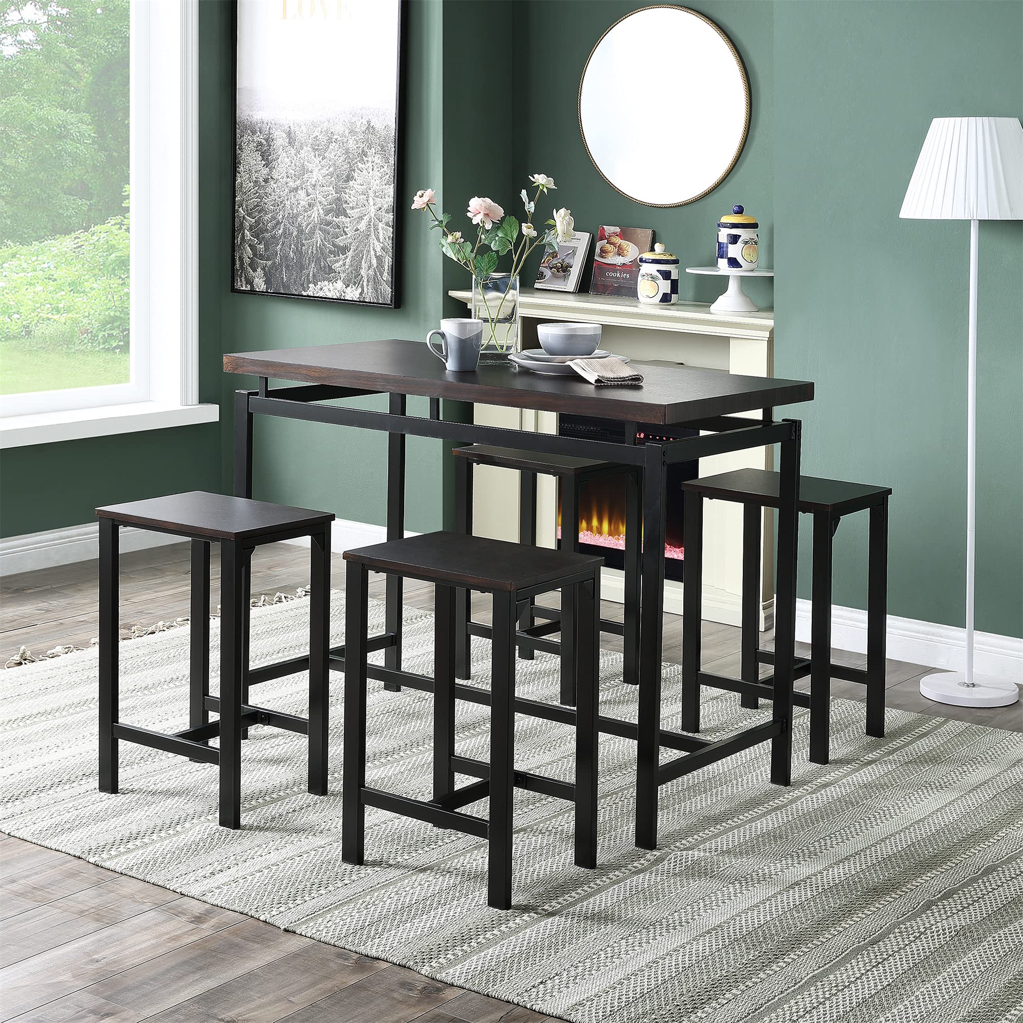 5-Piece Industrial Espresso Dining Table Set - Counter Height Rectangle Kitchen & Bar Table with Metal Chairs for Small Space, Apartment, Breakfast Nook & Modern Home Decor