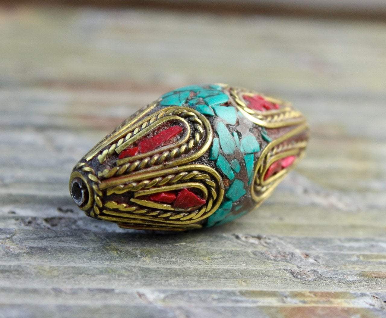 Grand Scale Brass Coral and Turquoise Tibetan Bead - Handmade Boho Jewelry for Women, Spiritual Healing Beads, Meditation Accessories | Perfect for Yoga, Prayer, and Fashion Statement