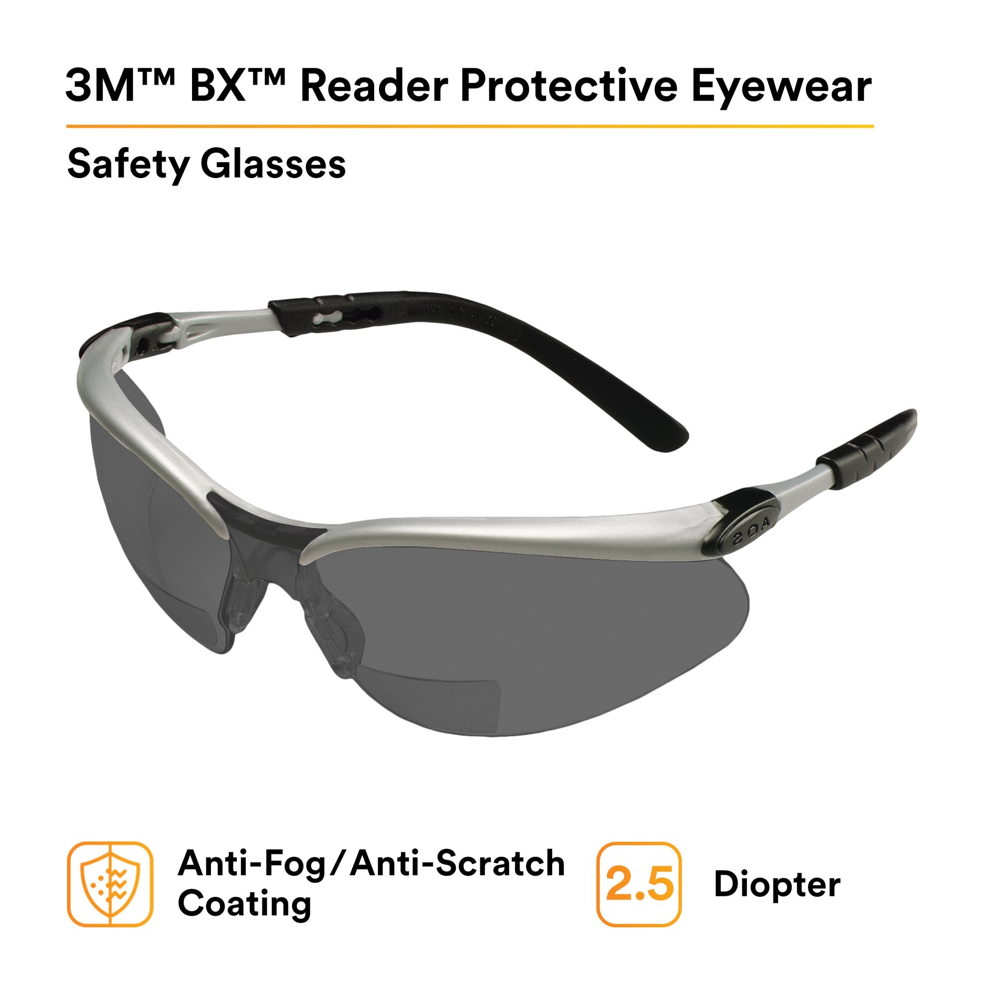 3M BX Reader Protective Eyewear 11379-00000-20 - Grey Lens & Silver Frame Safety Glasses for Reading, Computer Work & DIY Projects