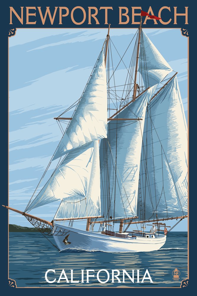 California Newport Beach Schooner Sailboat Art Print - 24x36 Signed Wall Decor Poster for Living Room, Office & Coastal Home Decor
