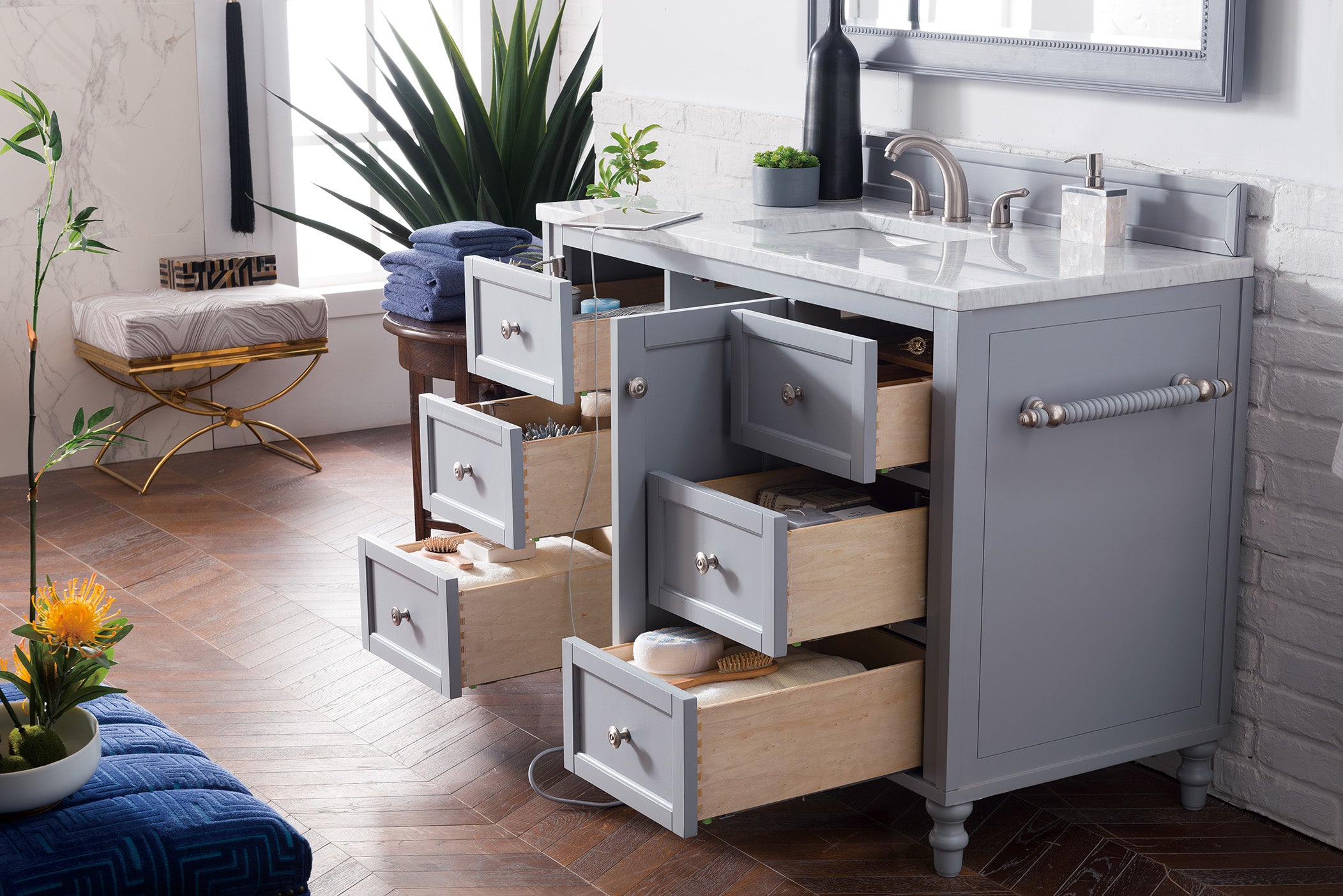 Copper Cove Encore 48 Inch Single Bathroom Vanity with 3CM Carrara Marble Top in Silver Gray - Perfect for Modern Master Bathrooms and Powder Rooms