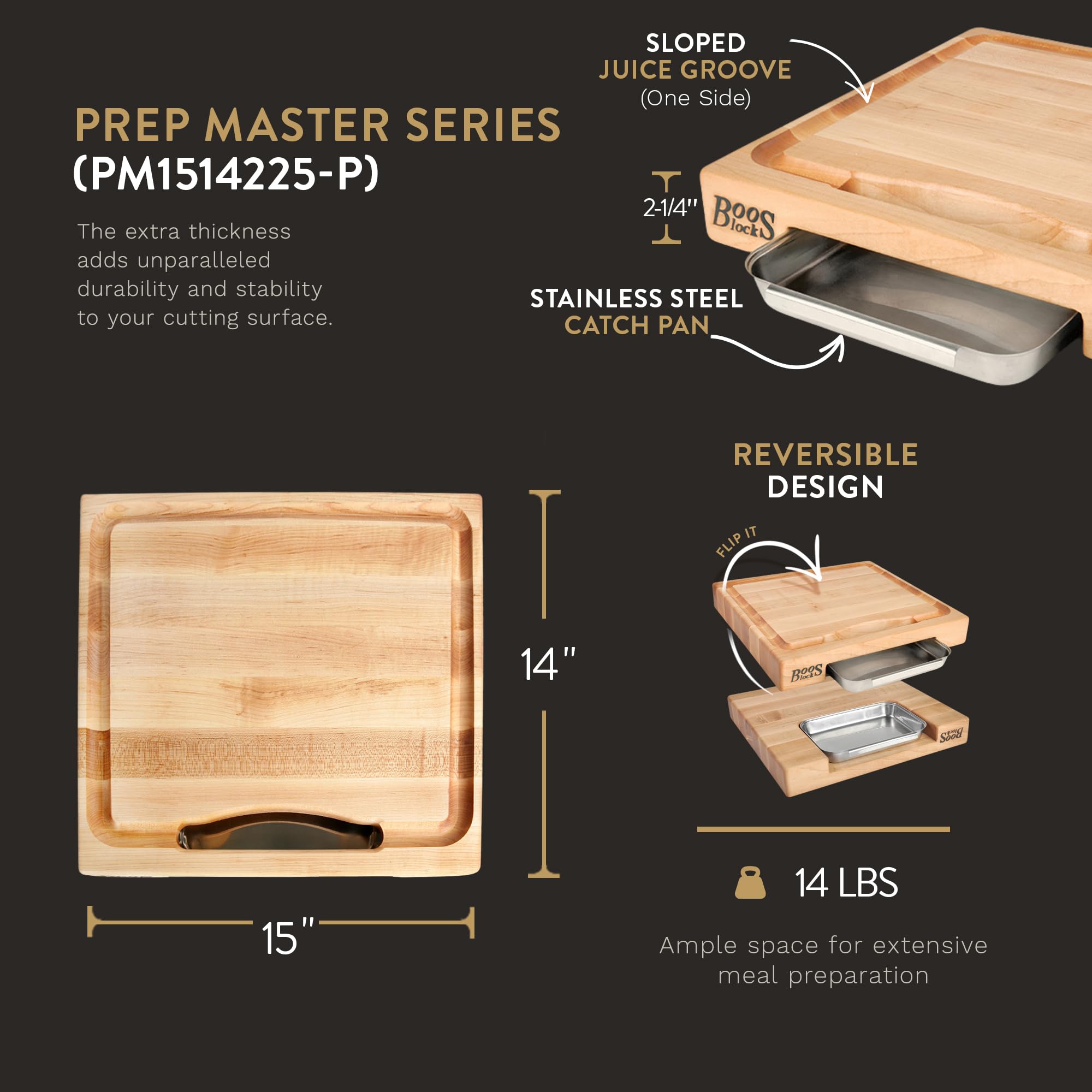 John Boos Newton Reversible Maple Wood Cutting Board with Juice Groove & Pan - 15