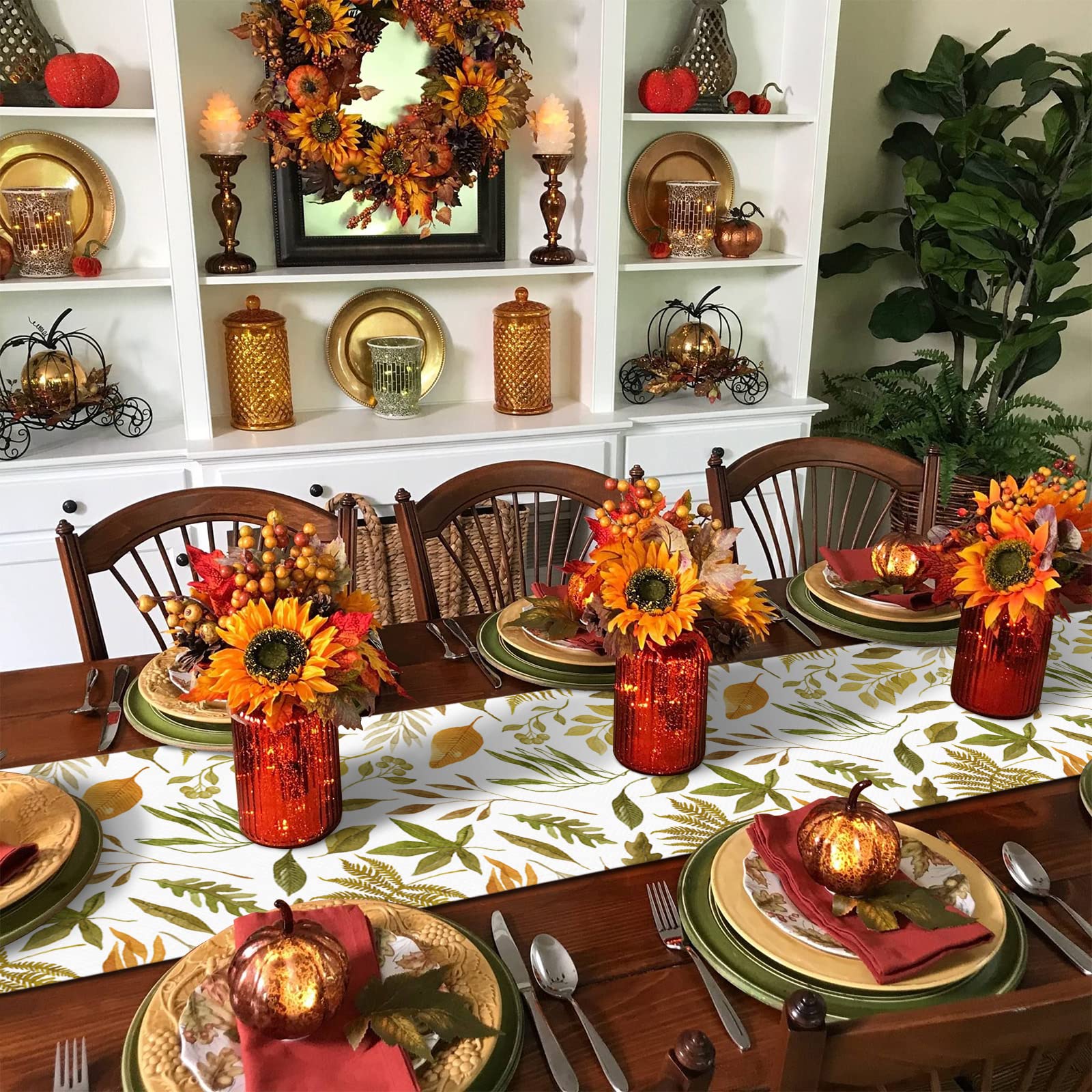 72 Inch Cotton Linen Table Runner - Fall Leaf Pattern Kitchen & Dining Table Decor, Rustic Farmhouse Style for Autumn Weddings, Banquets & Coffee Tables | Perfect for Thanksgiving, Christmas & Seasonal Home Decor