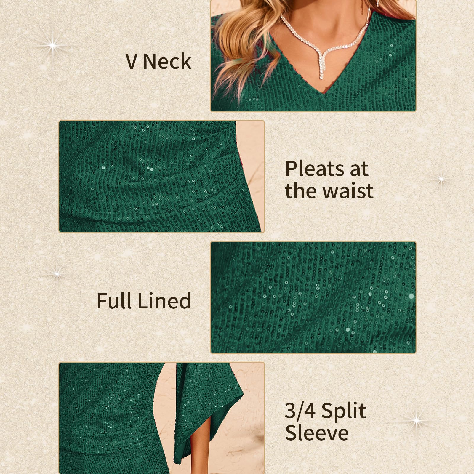 Sparkly Sequin V-Neck Blouse for Women - 3/4 Sleeve Glitter Party Top for Night Out, Club Wear & Special Occasions