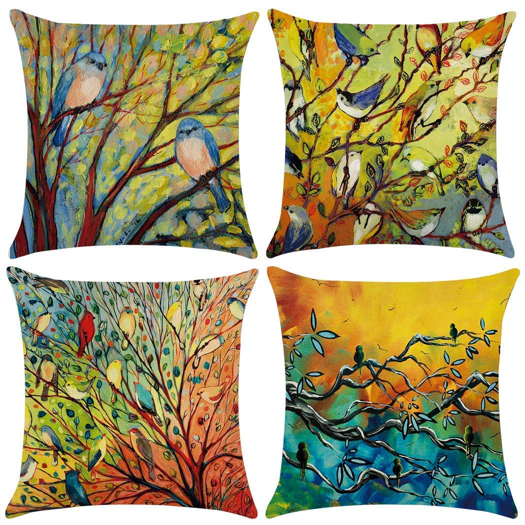 18x18 Inch Turquoise Blue Birds Pillow Covers 4 Pack - Summer Garden Decorative Cushion Covers for Outdoor Sofa, Couch, Patio & Home Decor - Perfect for Living Room, Porch and Backyard Relaxation