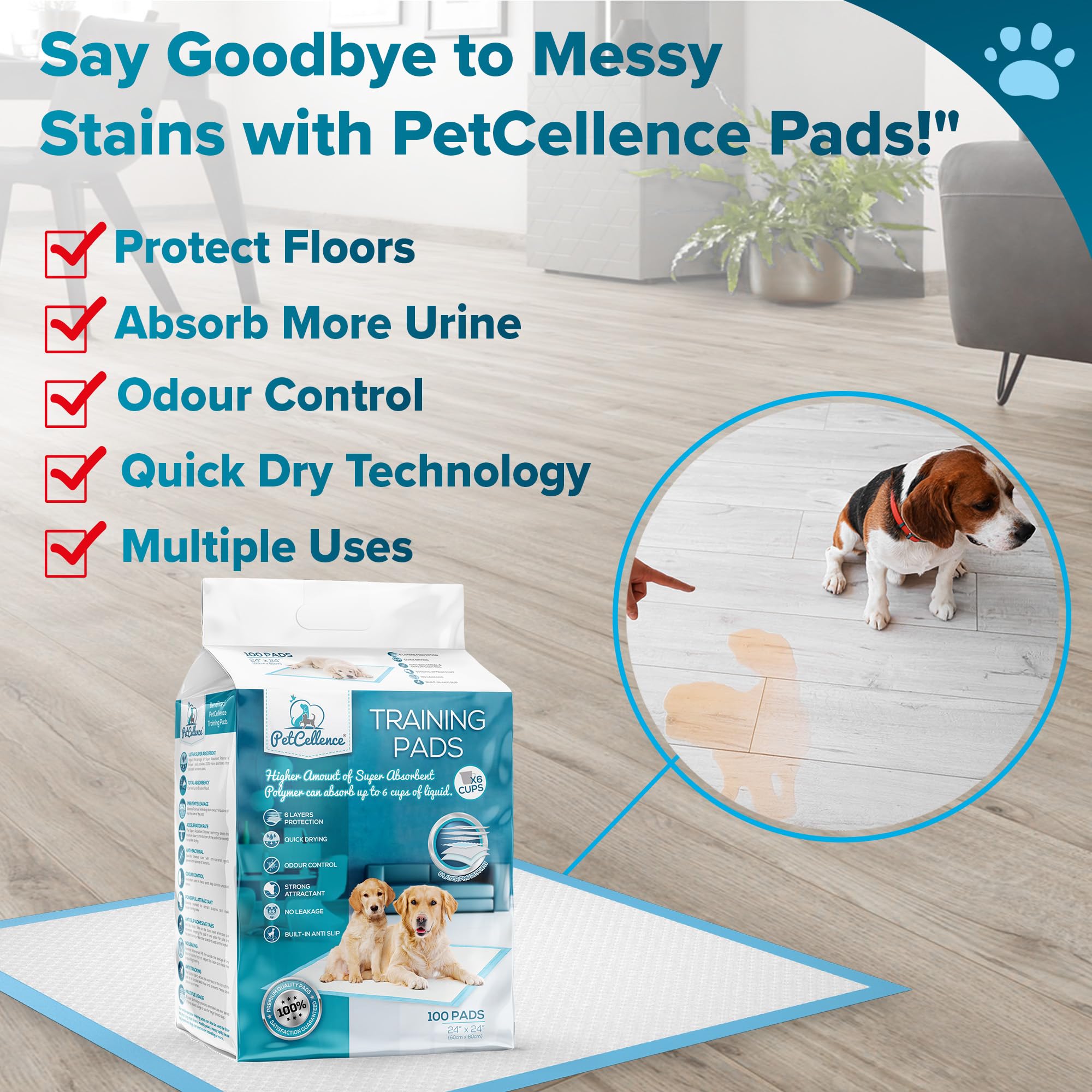 Large Puppy Pads 100 Count - 24x24 Inch Super Absorbent Dog Pee Pads with Adhesive Tapes | Leak-Proof Training Pads for Incontinent Dogs & Potty Training | Ideal for Crate, Kennel & Home Use