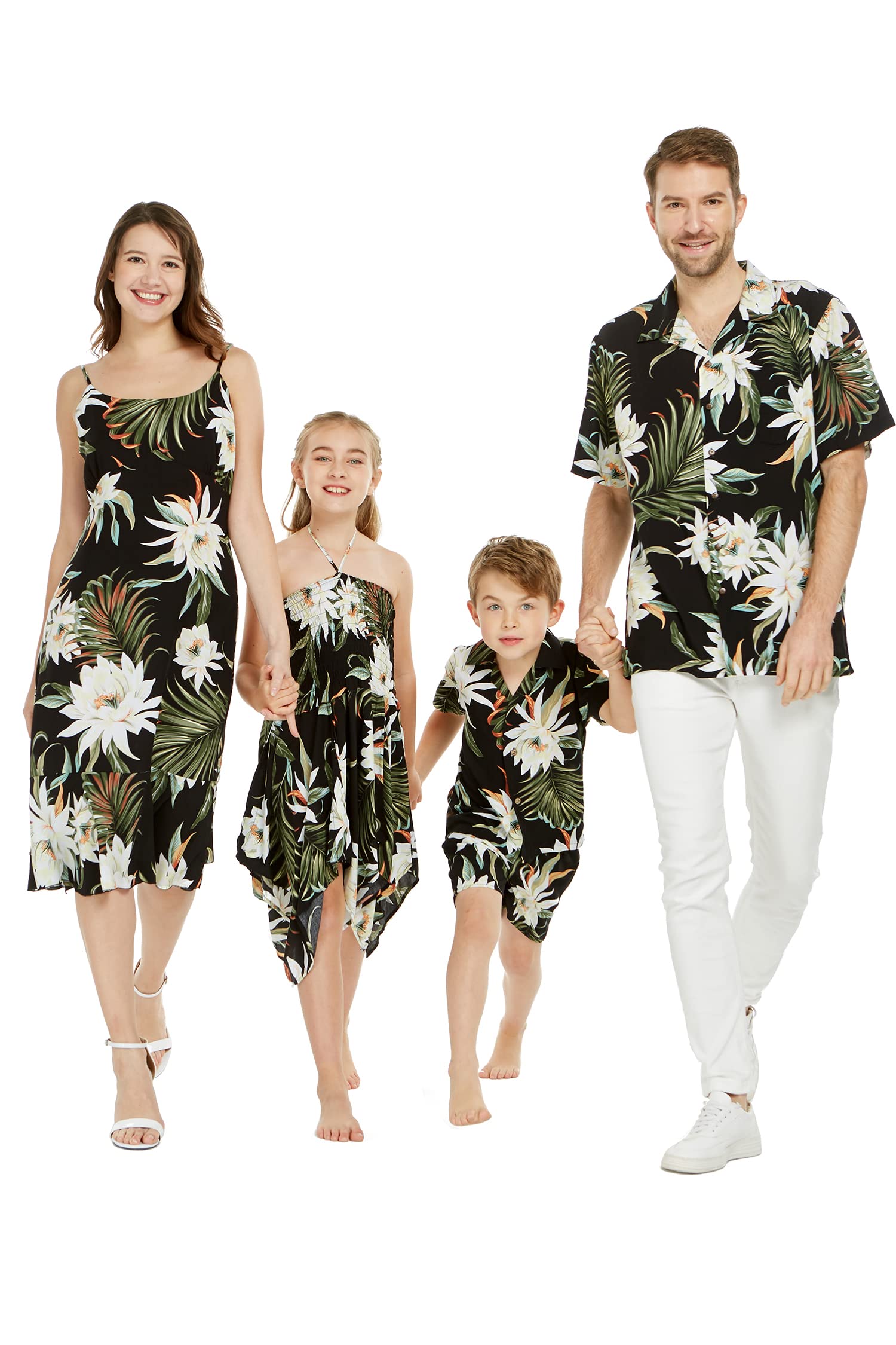 Hawaiian Luau Outfits for Family - Matching Tropical Shirts for Men, Women, Girls & Boys in Wispy Cereus Black | Perfect for Beach Parties, Summer Vacations & Hawaiian Themed Events