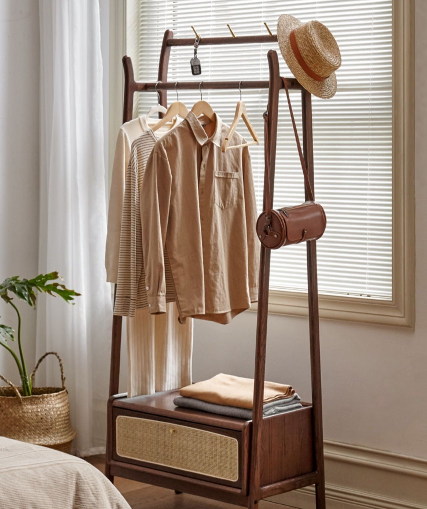 Oak Walnut Rattan Coat Hanger - Multi-Functional Wall Mounted Coat Rack for Jackets, Hats & Bags | Perfect for Entryway, Bedroom & Closet Organization