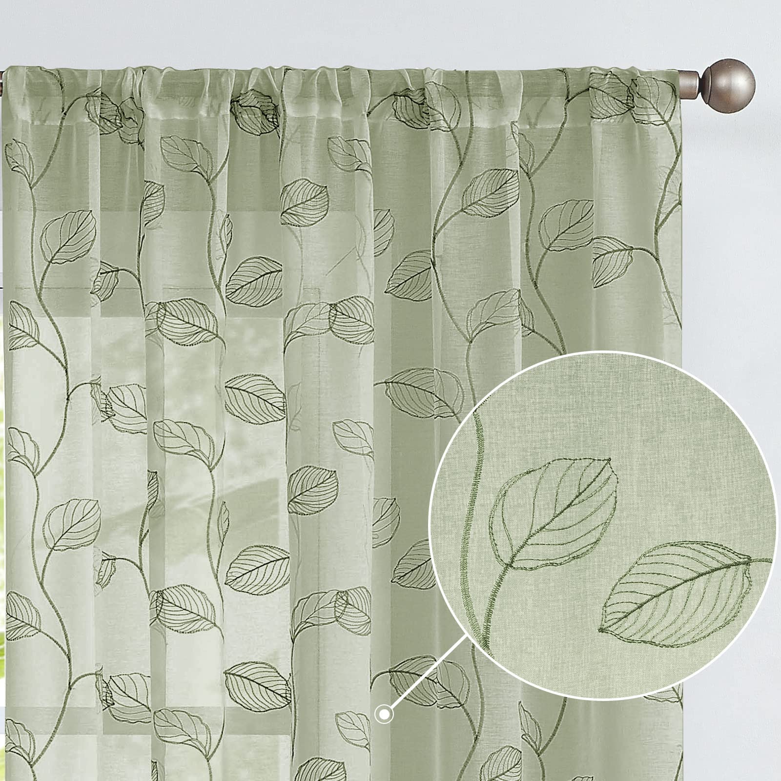 COLLACT Sheer Voile Curtains with Leaf Embroidery - 84 Inch Length, 2 Panels Set, Sage Green Farmhouse Window Treatments for Living Room & Bedroom | Rod Pocket Design, Rustic Home Decor for Natural Light Filtering and Privacy