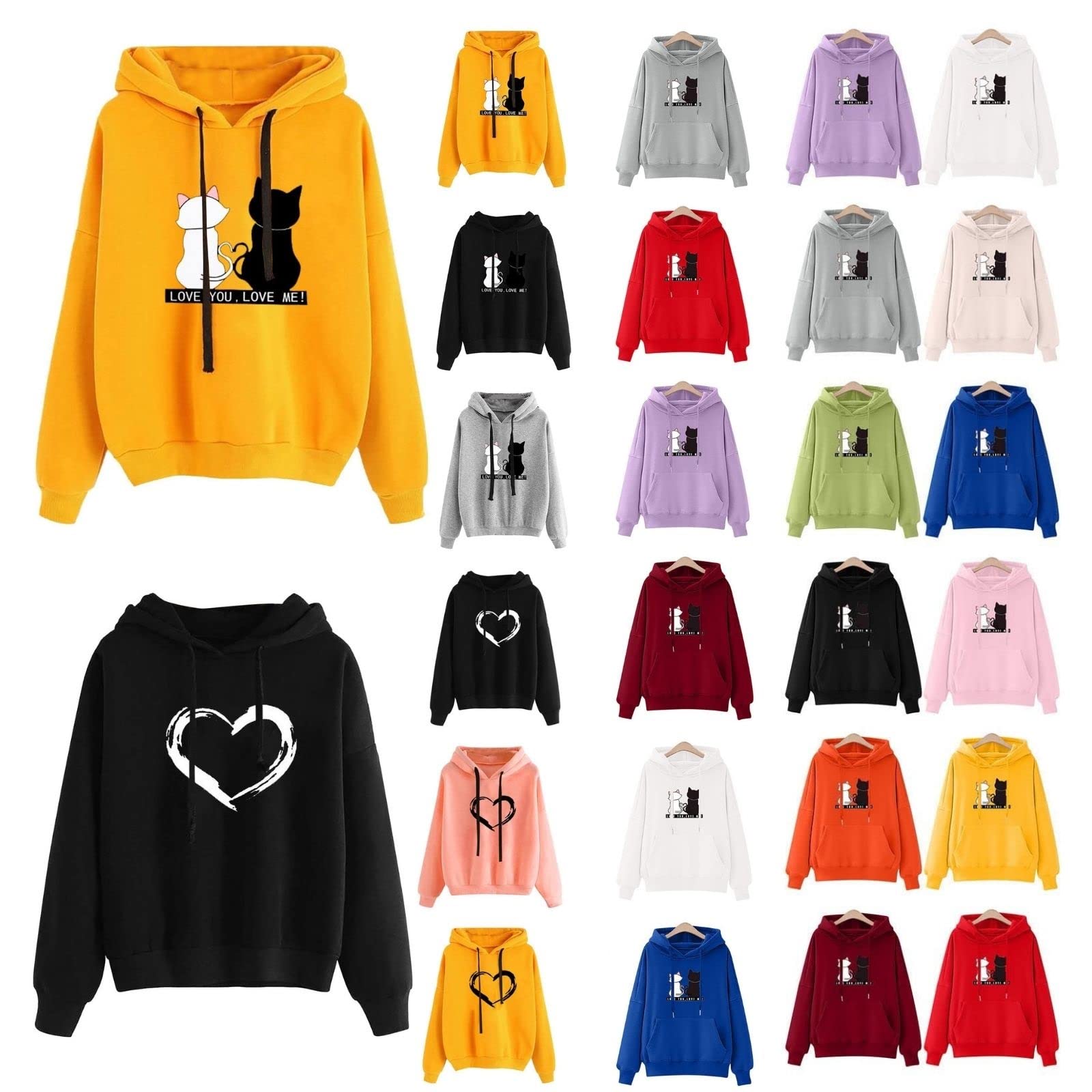 Women's Cute Cat Print Hoodie Sweatshirt - Black & White Pullover with Heart & 'Love You Love Me' Design - Long Sleeve Top for Teen Girls | Perfect for Casual Wear, School Outfits & Cat Lovers