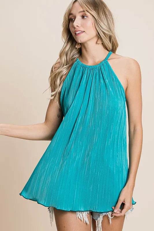Stylish Bibi Pleating Knit Halter Neck Top in Teal - Women's Fashion Summer Casual Wear for Beach, Party & Date Night Outfits