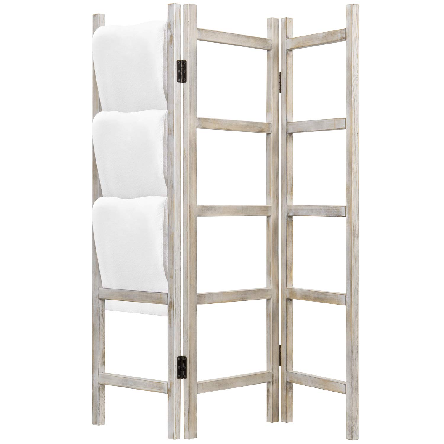 MyGift 3-Panel Whitewashed Solid Wood Blanket Ladder & Towel Rack - Decorative Freestanding Folding Room Divider for Blankets, Quilts, Throws, Towels, Clothing | Perfect for Living Room, Bedroom, Bathroom Organization & Farmhouse Decor