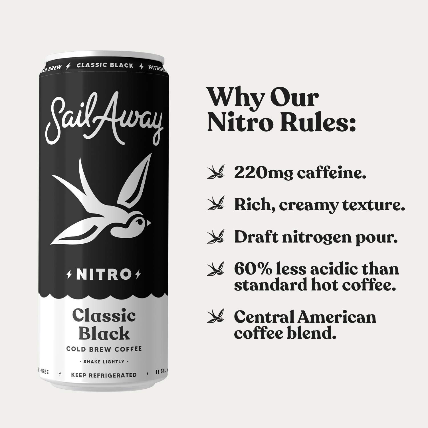 Sail Away Coffee Nitro Cold Brew Coffee Cans - Low Acid Smooth Coffee Beverage | Nitrogen Infused, 220mg Caffeine, Gluten Free, Organic, Keto Friendly, Classic Black (24 Pack) - Perfect for Office, Gym & Outdoor Adventures