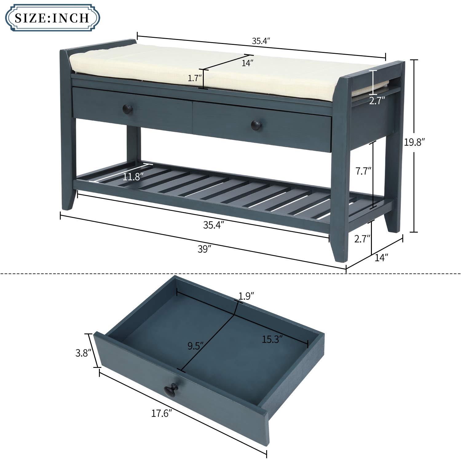 Storage Bench with Cushioned Seat & Drawers - Shoe Rack for Entryway, Bedroom (Antique Navy)
