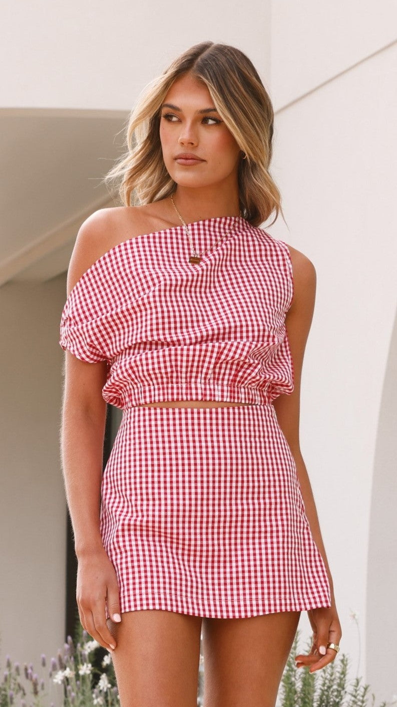 Red Gingham Jeane Skort - Stylish and Comfortable Women's Denim Skirt Shorts for Casual Wear, Summer Outfits, and Outdoor Activities