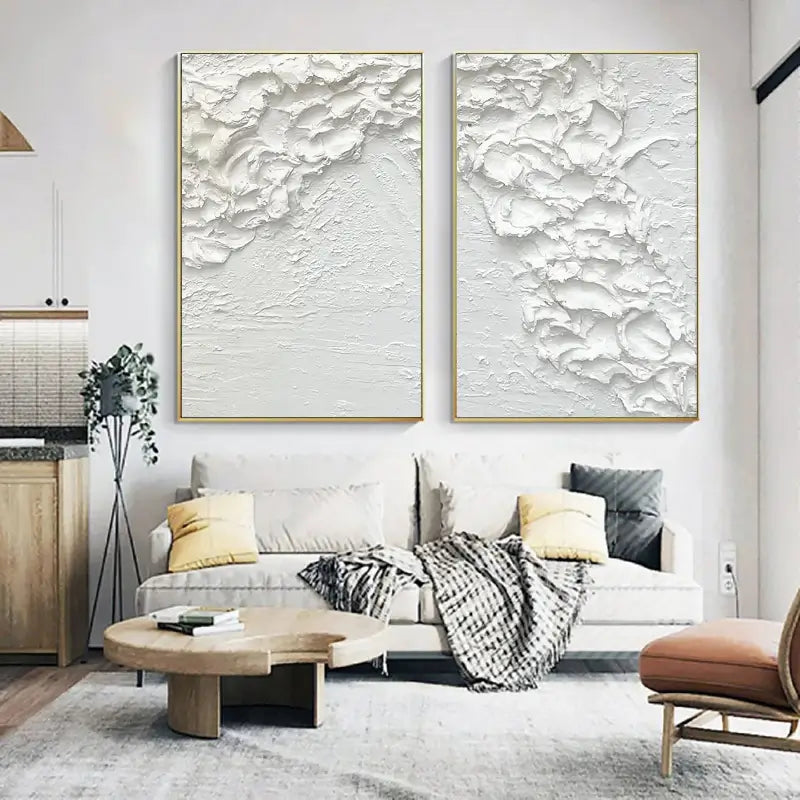 Minimalist White Textured Canvas Paintings - Set of 2 Modern Abstract Wall Art for Living Room & Bedroom Decor #MM061