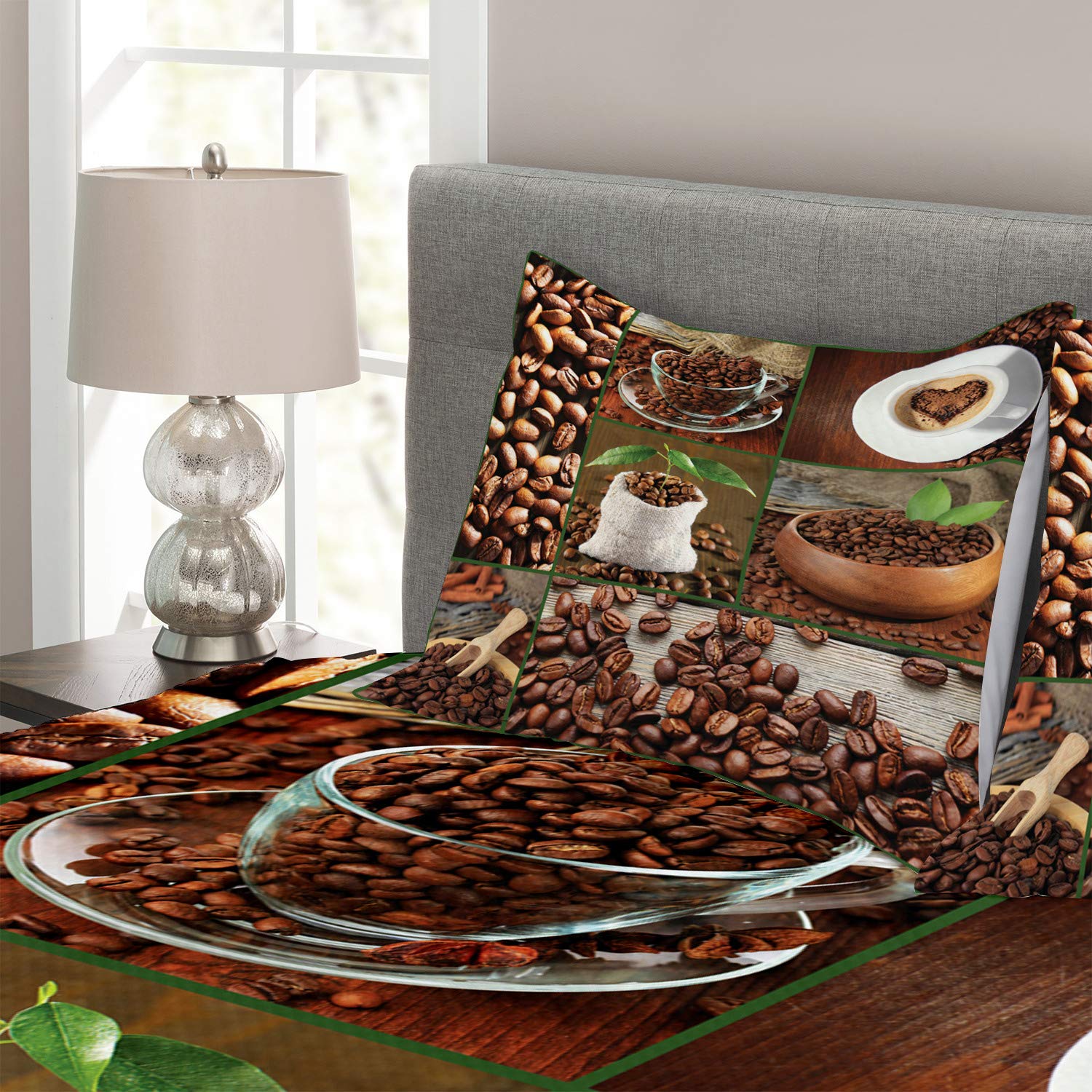 Ambesonne 3-Piece King Size Brown Bedspread Set with Coffee Beans & Green Leaves Design, Includes Coverlet and 2 Pillow Shams – Perfect for Cozy Bedrooms, Farmhouse Decor, and Coffee Lover Gifts
